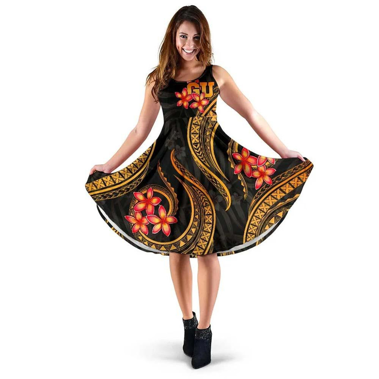 Guam Polynesian Midi Dress - Gold Plumeria 1