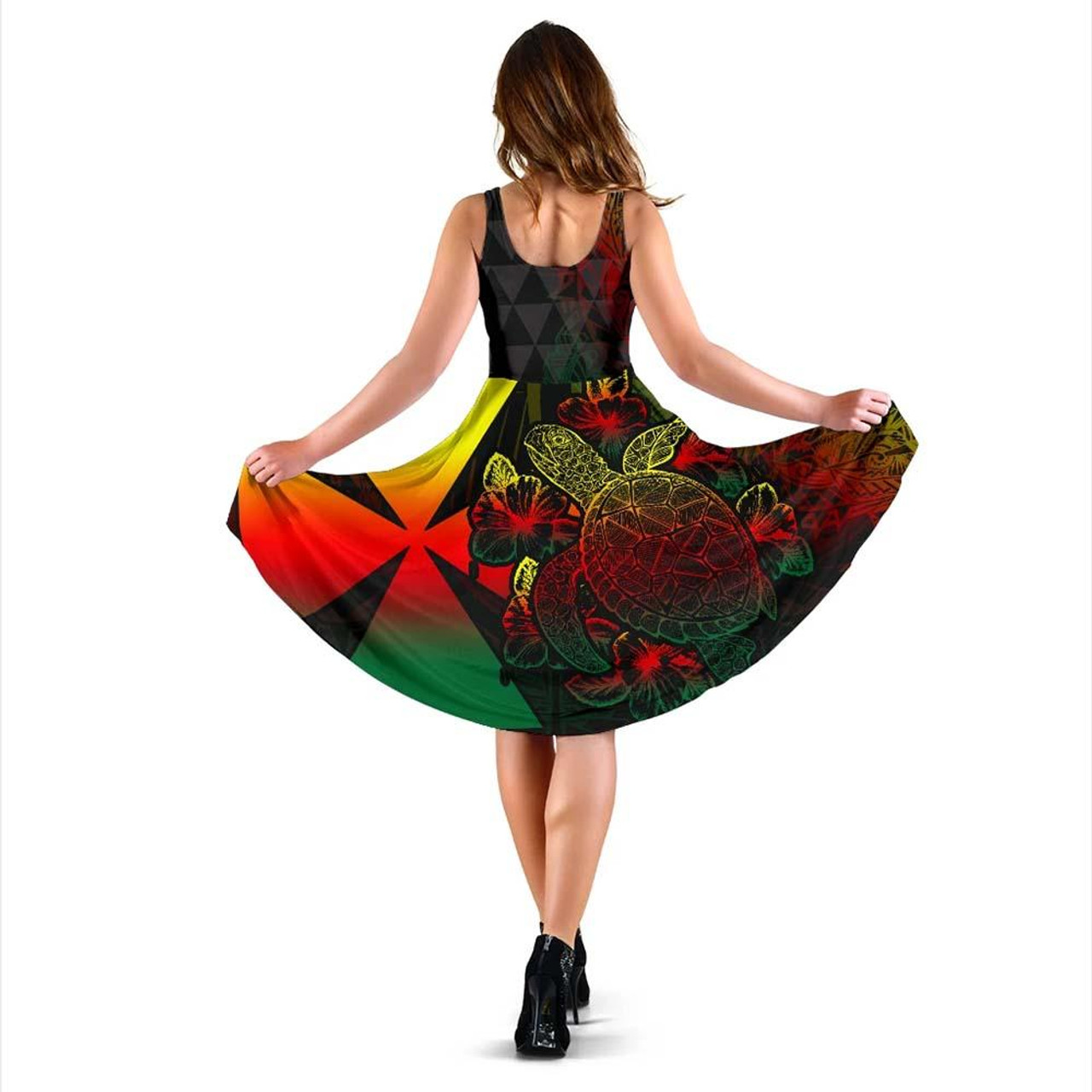 Wallis And Futuna Polynesian Midi Dress - Turtle Hibiscus Reggae 2