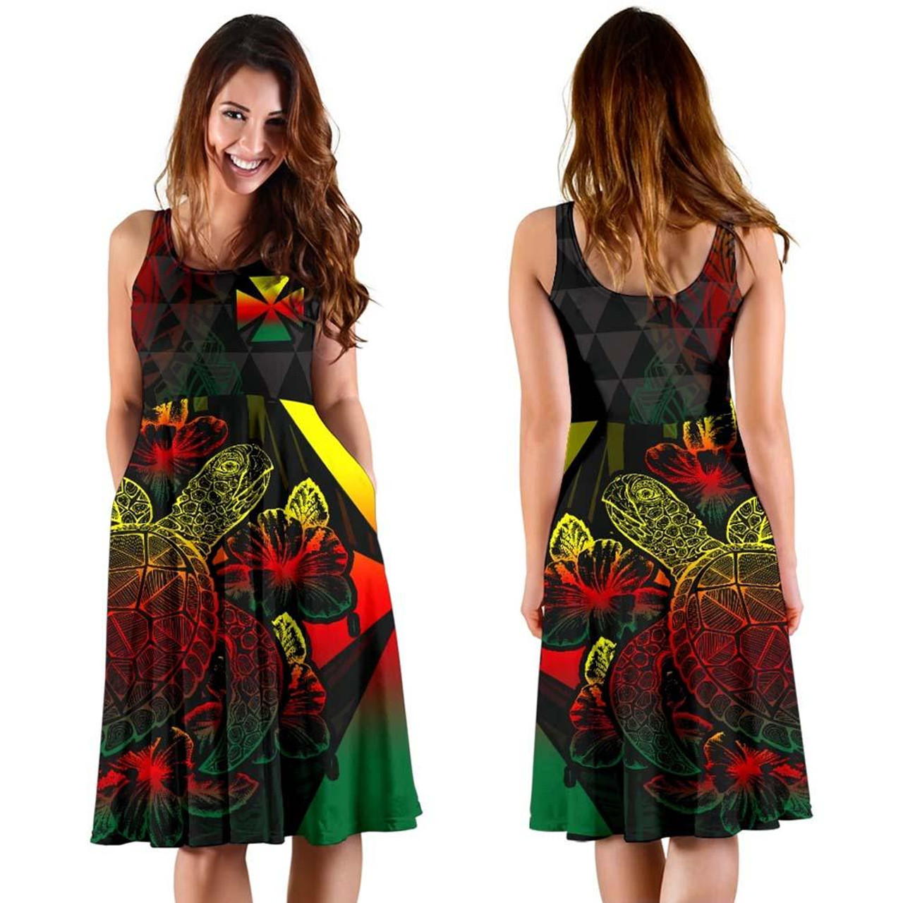 Wallis And Futuna Polynesian Midi Dress - Turtle Hibiscus Reggae 3