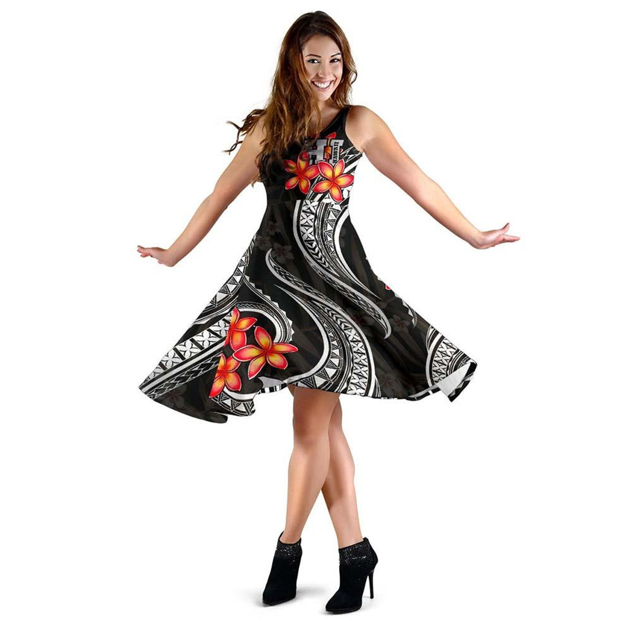 Polynesian Hawaii Midi Dress - Black Plumeria 5