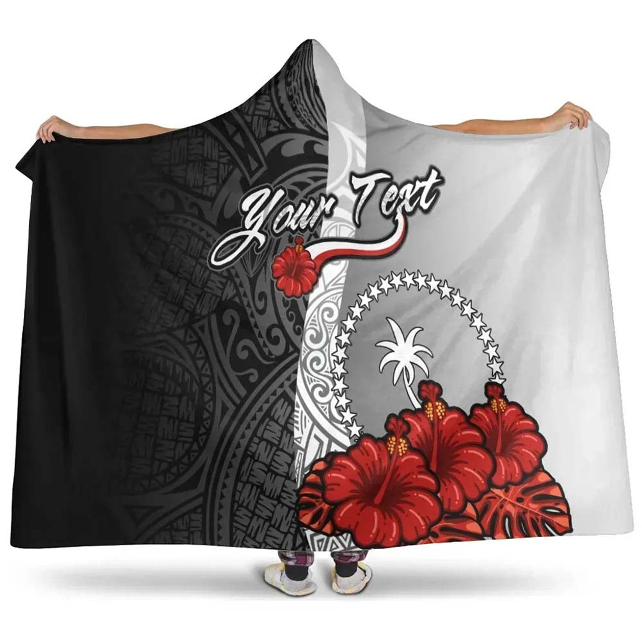 Chuuk Polynesian Custom Personalised Hooded Blanket- Coat Of Arm With Hibiscus White 1