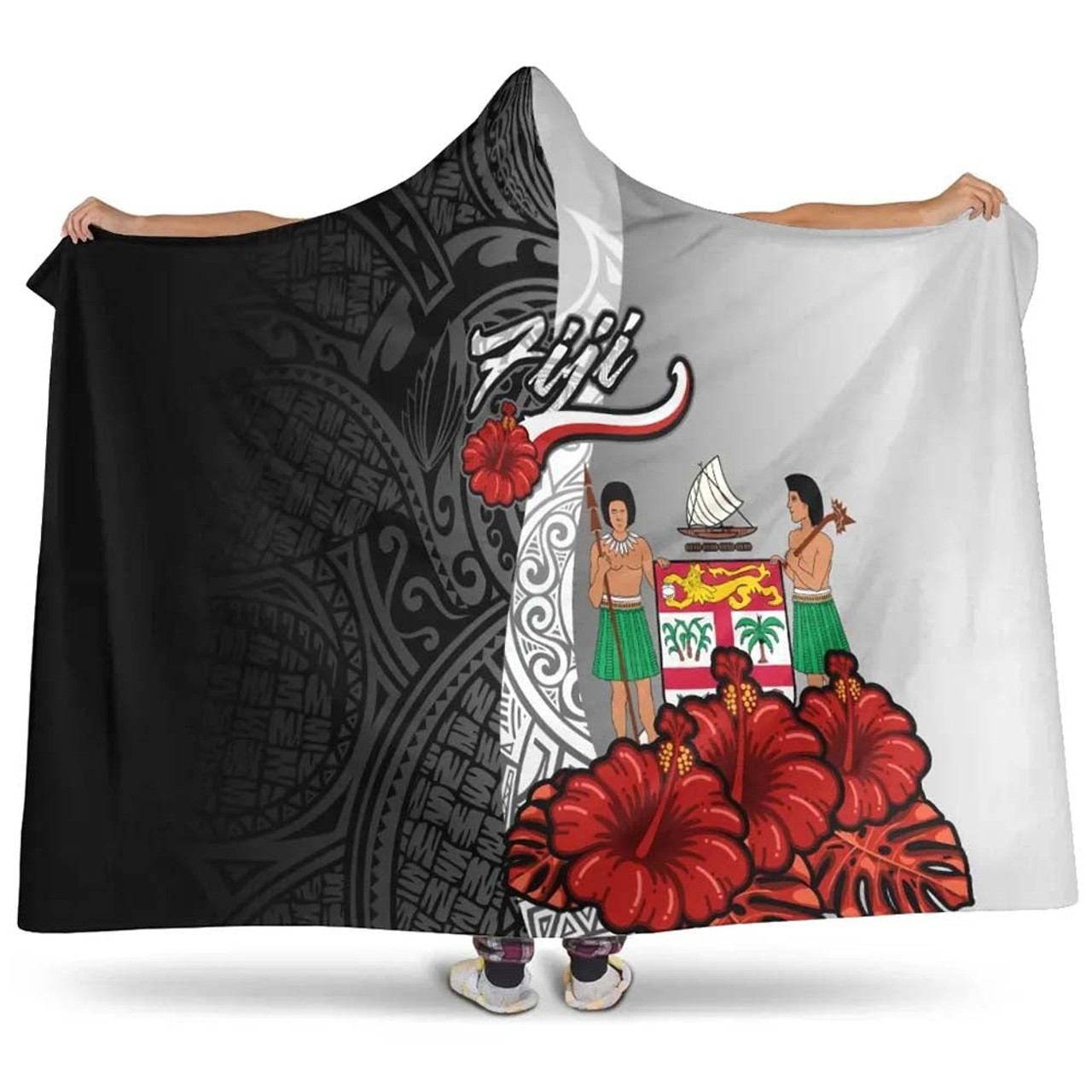 Fiji Polynesian Hooded Blanket- Coat Of Arm With Hibiscus White 1