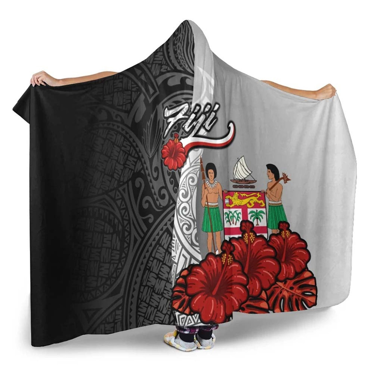 Fiji Polynesian Hooded Blanket- Coat Of Arm With Hibiscus White 2