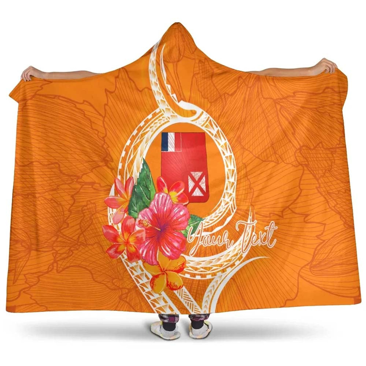 Wallis And Futuna Polynesian Custom Personalised Hooded Blanket - Orange Floral With Seal 1