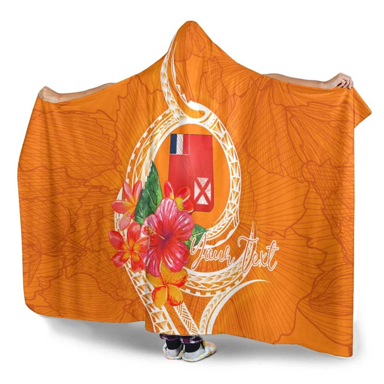 Wallis And Futuna Polynesian Custom Personalised Hooded Blanket - Orange Floral With Seal 4