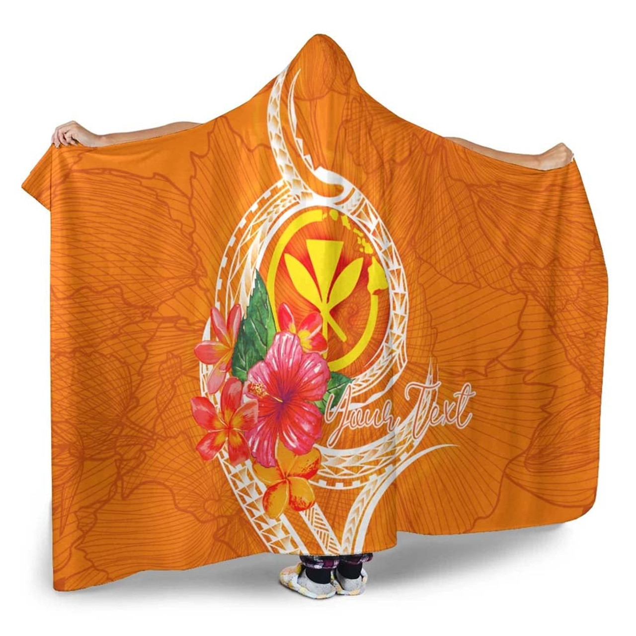 Hawaii Polynesian Custom Personalised Hooded Blanket - Orange Floral With Seal 2