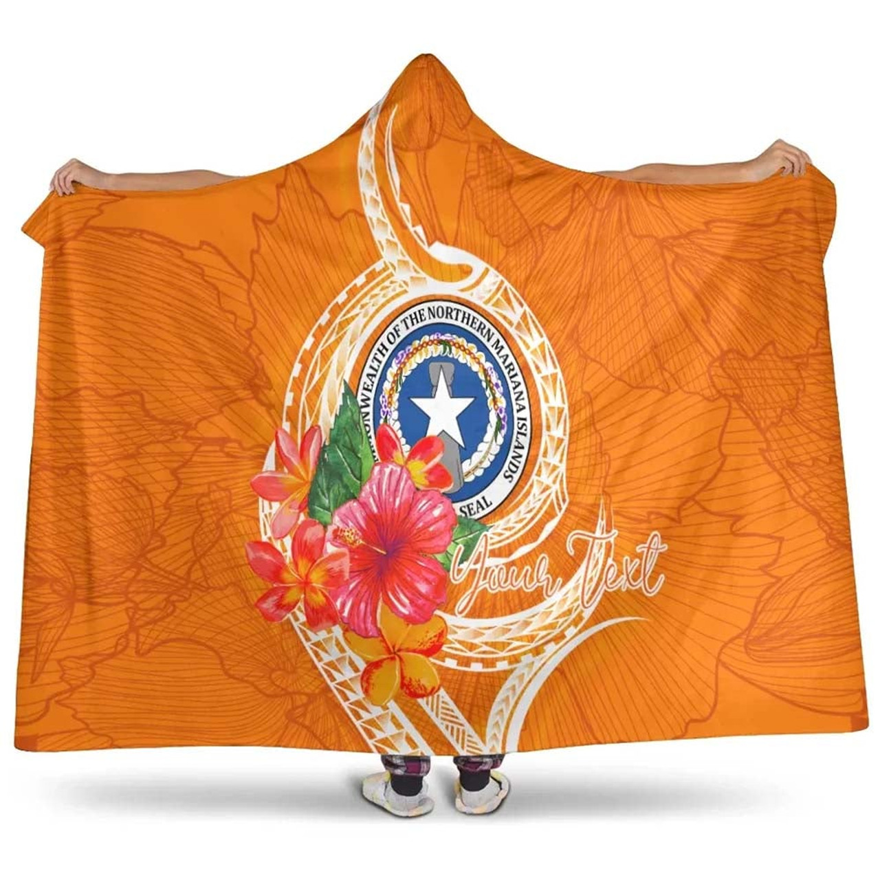 Northern Mariana Islands Polynesian Custom Personalised Hooded Blanket - Orange Floral With Seal 1