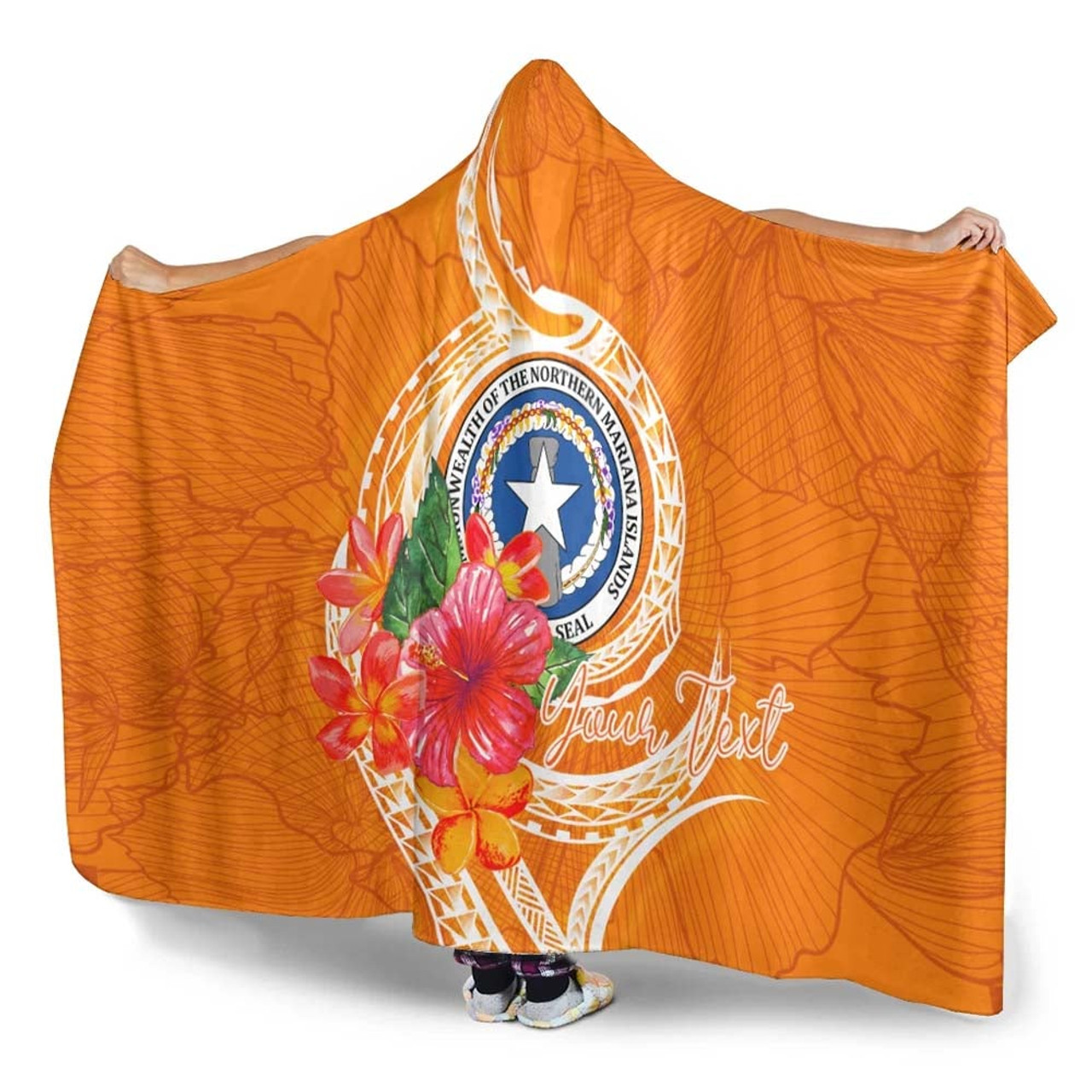 Northern Mariana Islands Polynesian Custom Personalised Hooded Blanket - Orange Floral With Seal 4