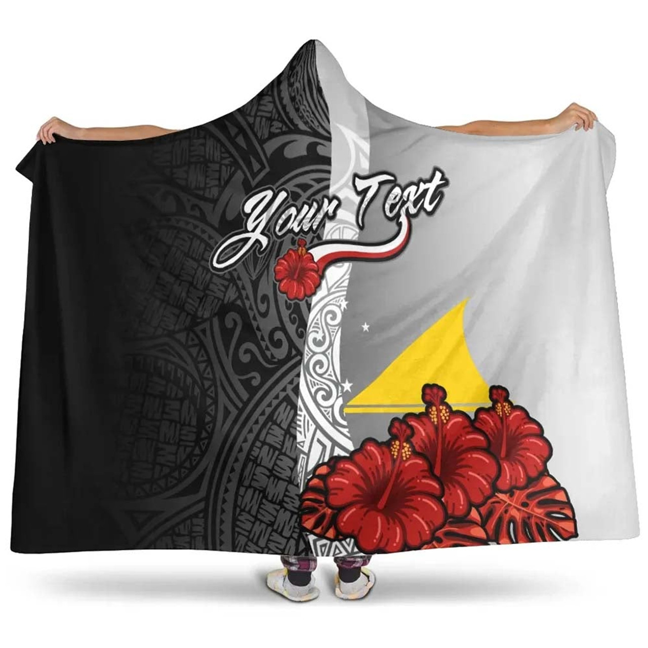 Tokelau Polynesian Custom Personalised Hooded Blanket- Coat Of Arm With Hibiscus White 1
