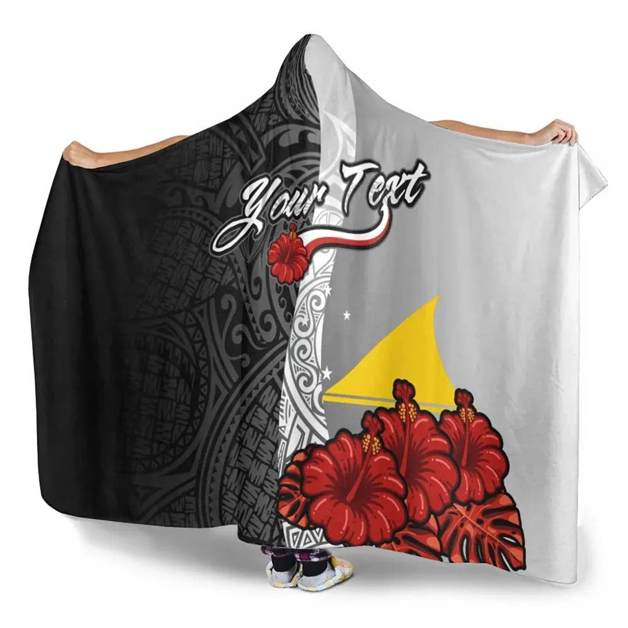 Tokelau Polynesian Custom Personalised Hooded Blanket- Coat Of Arm With Hibiscus White 3