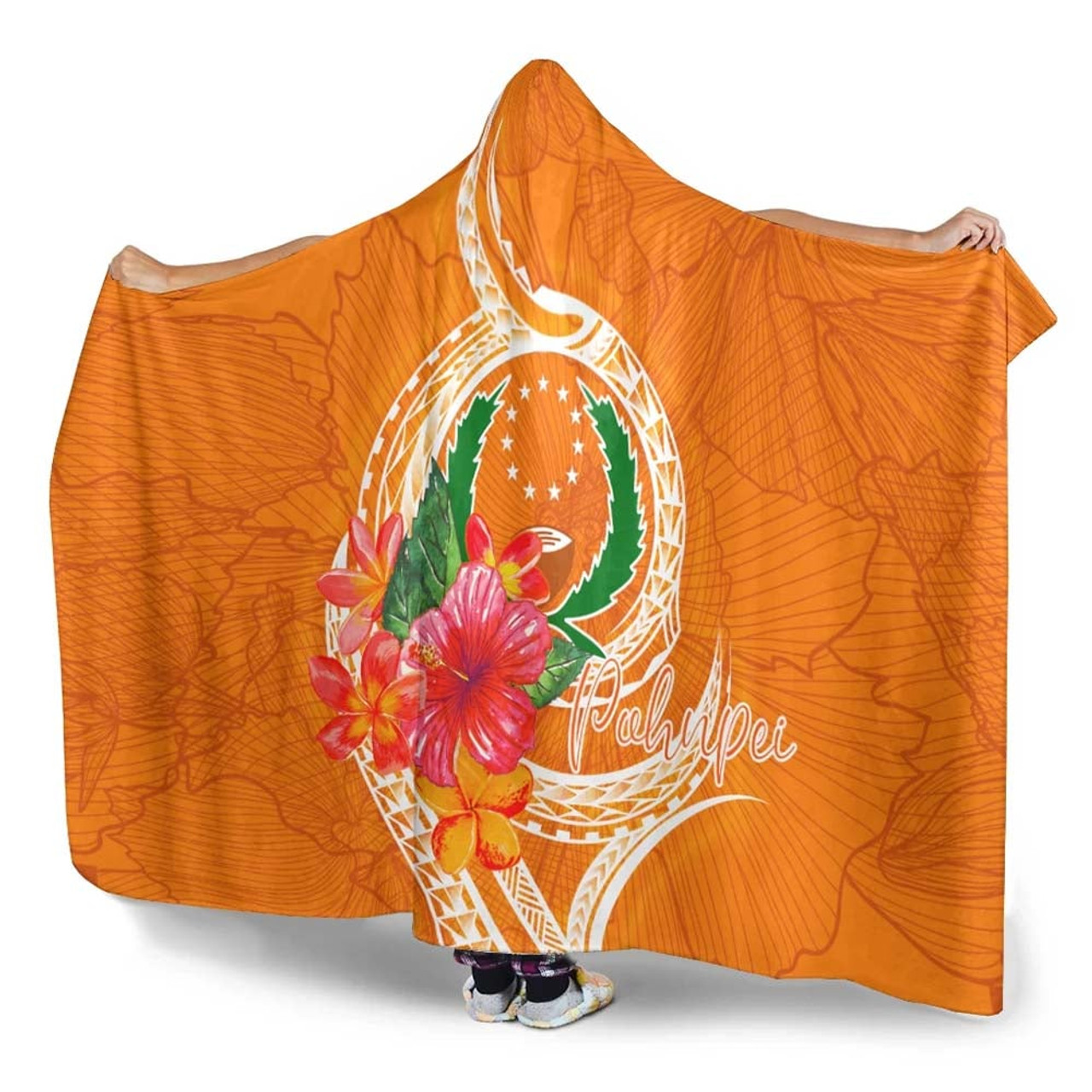 Pohnpei Micronesia Hooded Blanket - Orange Floral With Seal 4