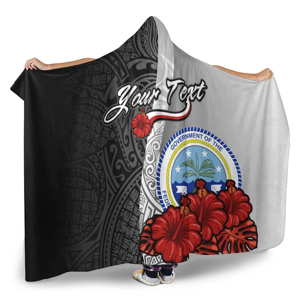 Federated States Of Micronesia Polynesian Custom Personalised Hooded Blanket- Coat Of Arm With Hibiscus White 2