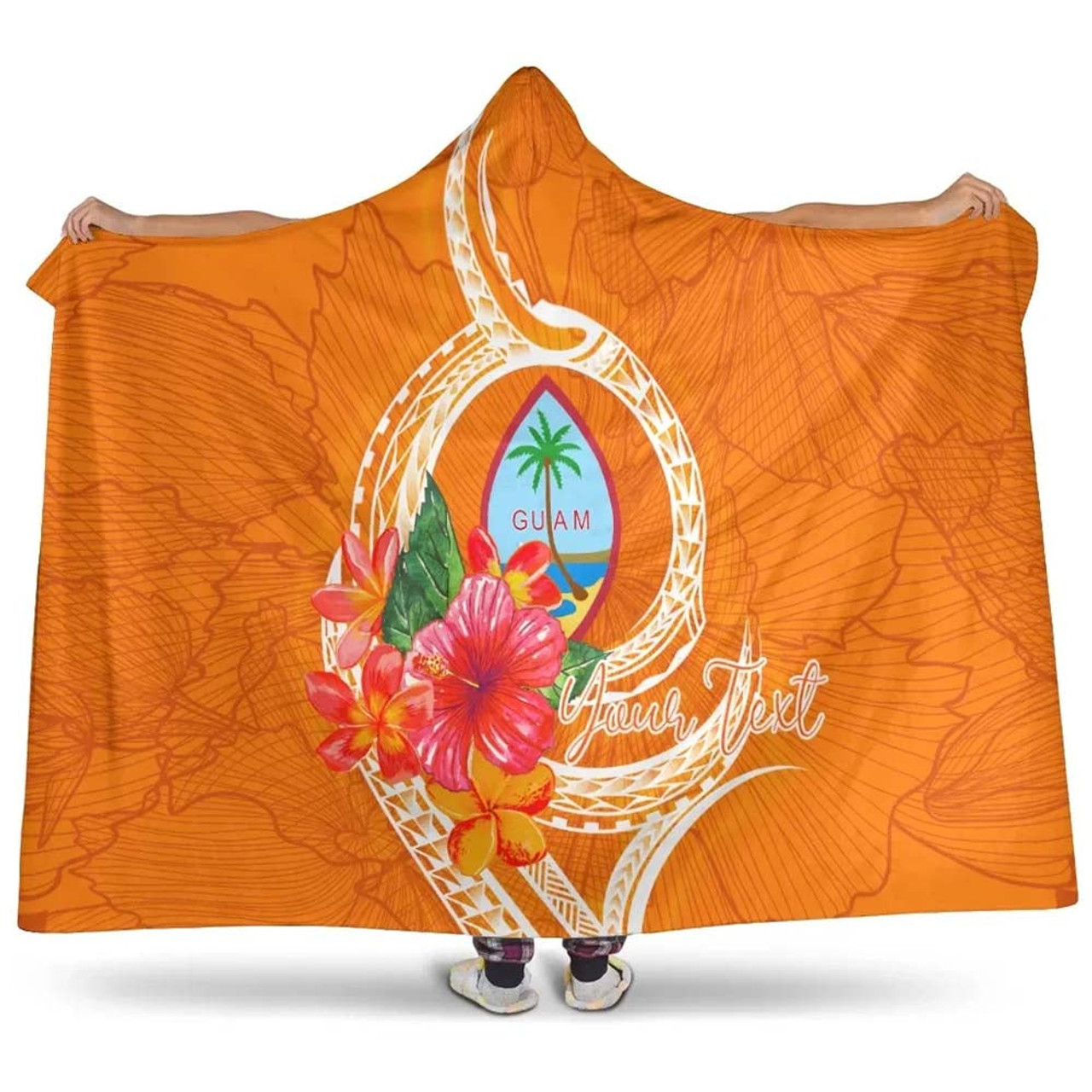 Guam Polynesian Custom Personalised Hooded Blanket - Orange Floral With Seal 1