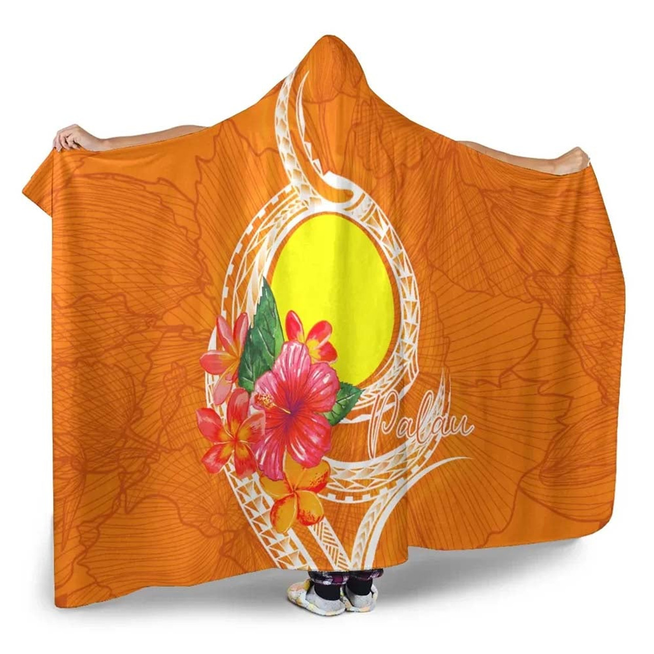 Palau Polynesian Hooded Blanket - Orange Floral With Seal 3