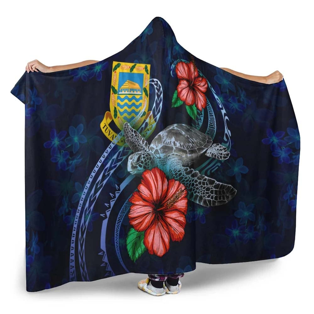 Tuvalu Polynesian Hooded Blanket - Blue Turtle Hibiscus 2