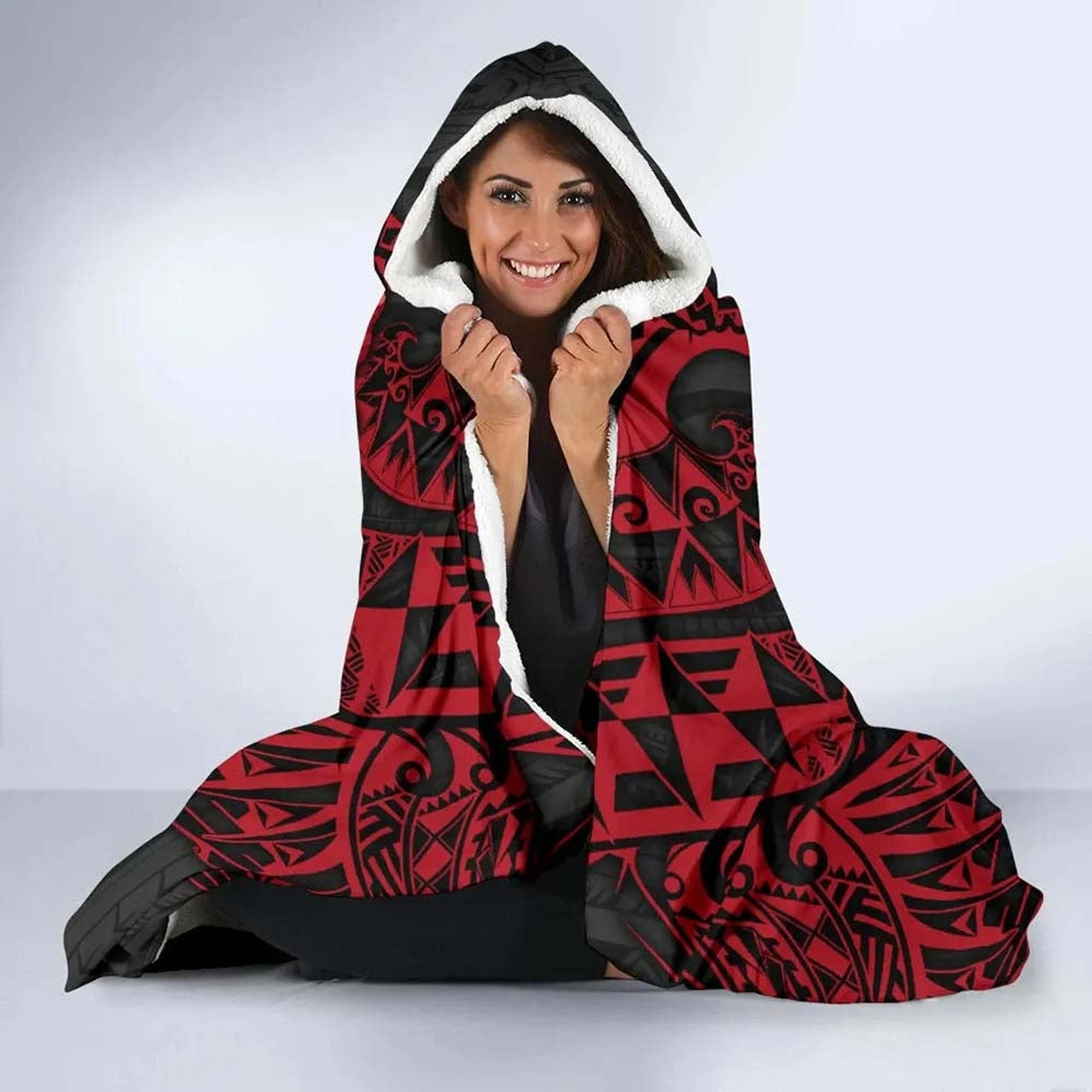 Tahiti Polynesian Hooded Blanket - Hibiscus and Sea Turtle (Red) 3