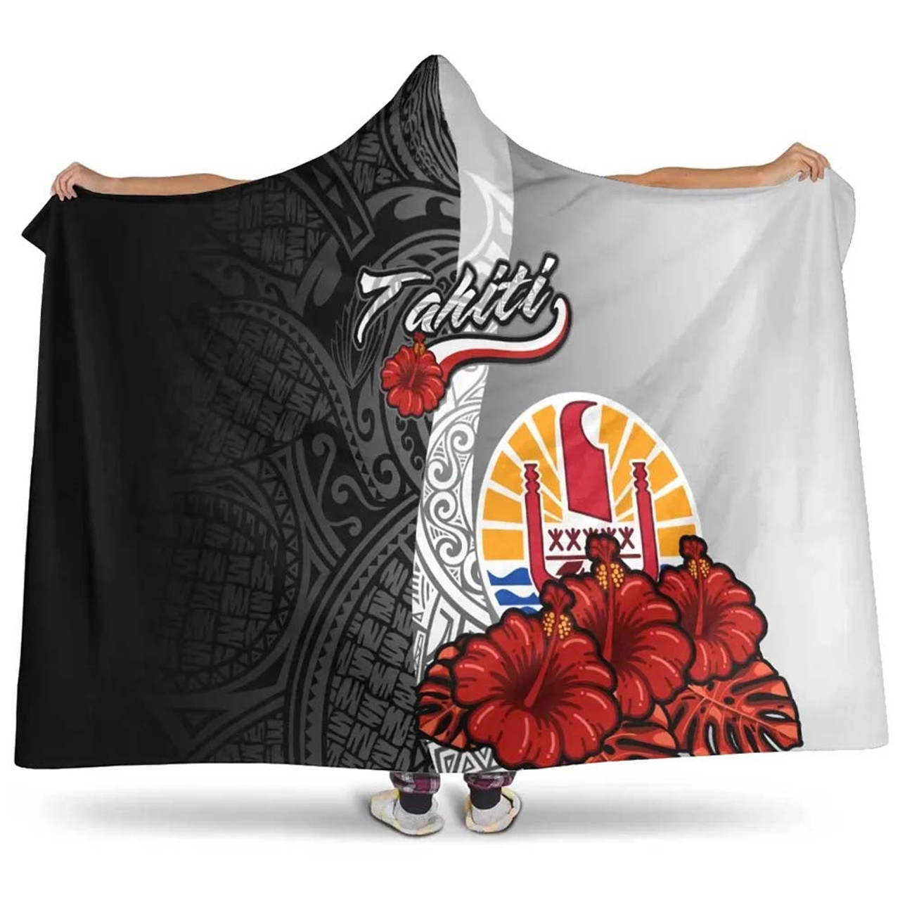 Tahiti Polynesian Hooded Blanket- Coat Of Arm With Hibiscus White 1