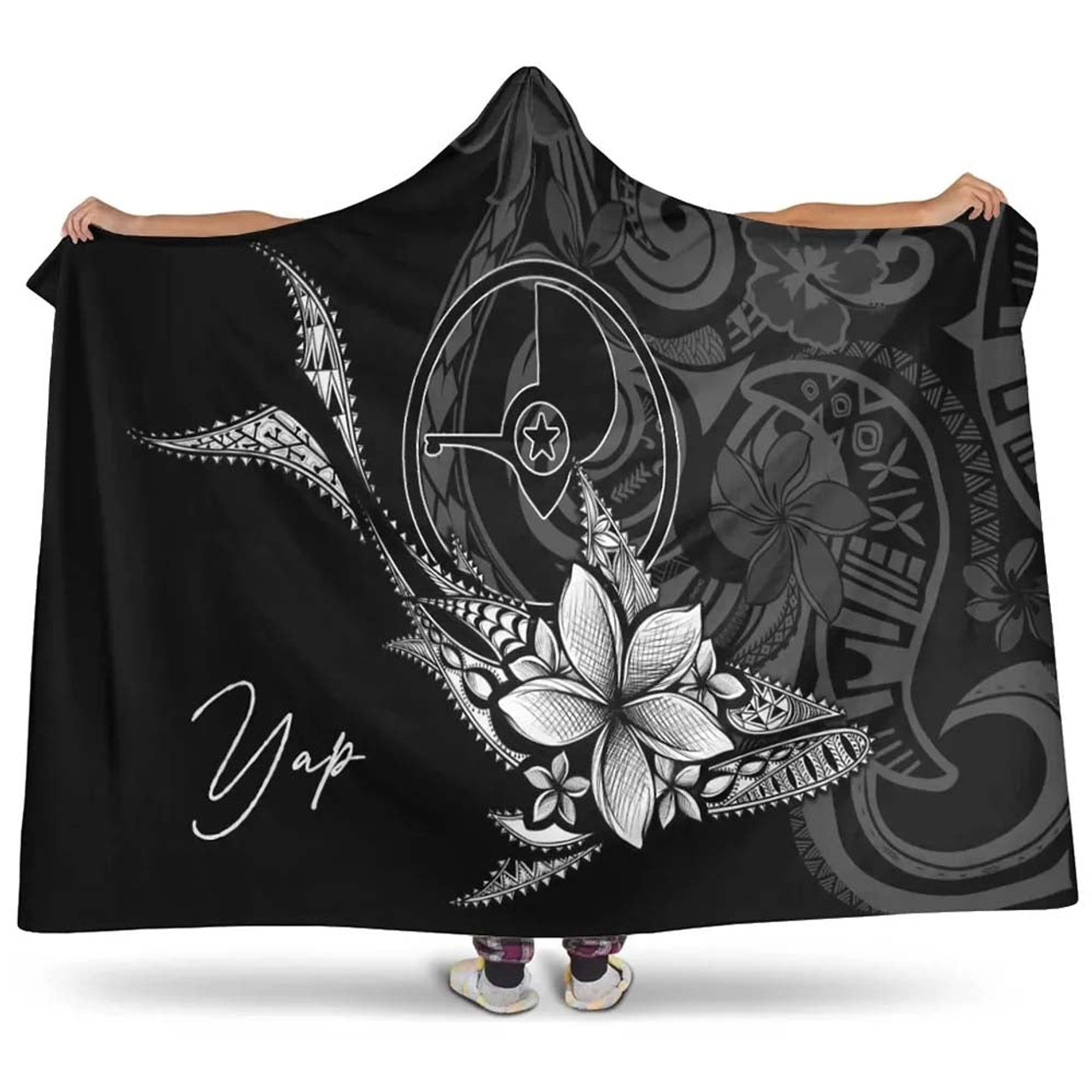 Yap State Hooded Blanket - Fish With Plumeria Flowers Style 1