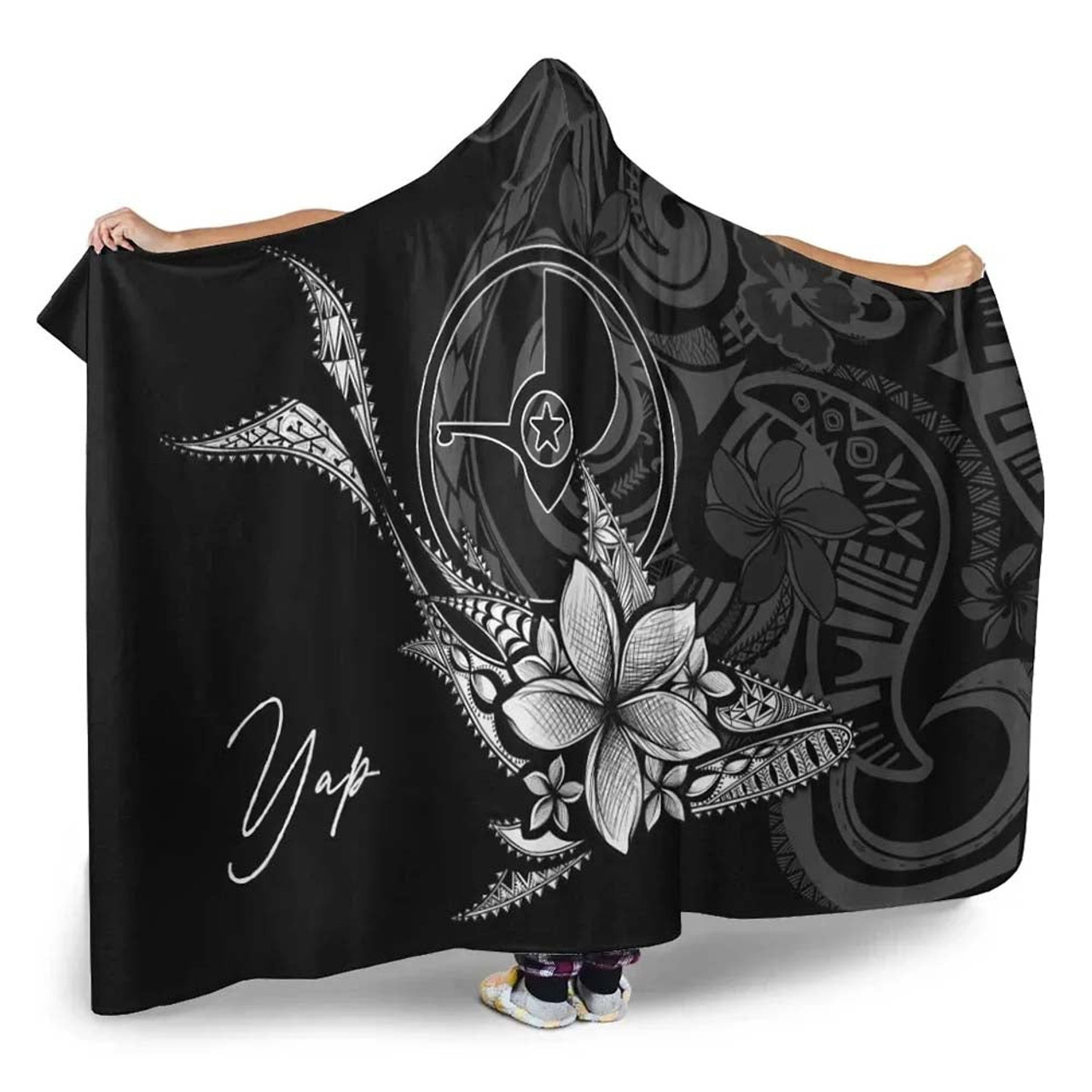 Yap State Hooded Blanket - Fish With Plumeria Flowers Style 2