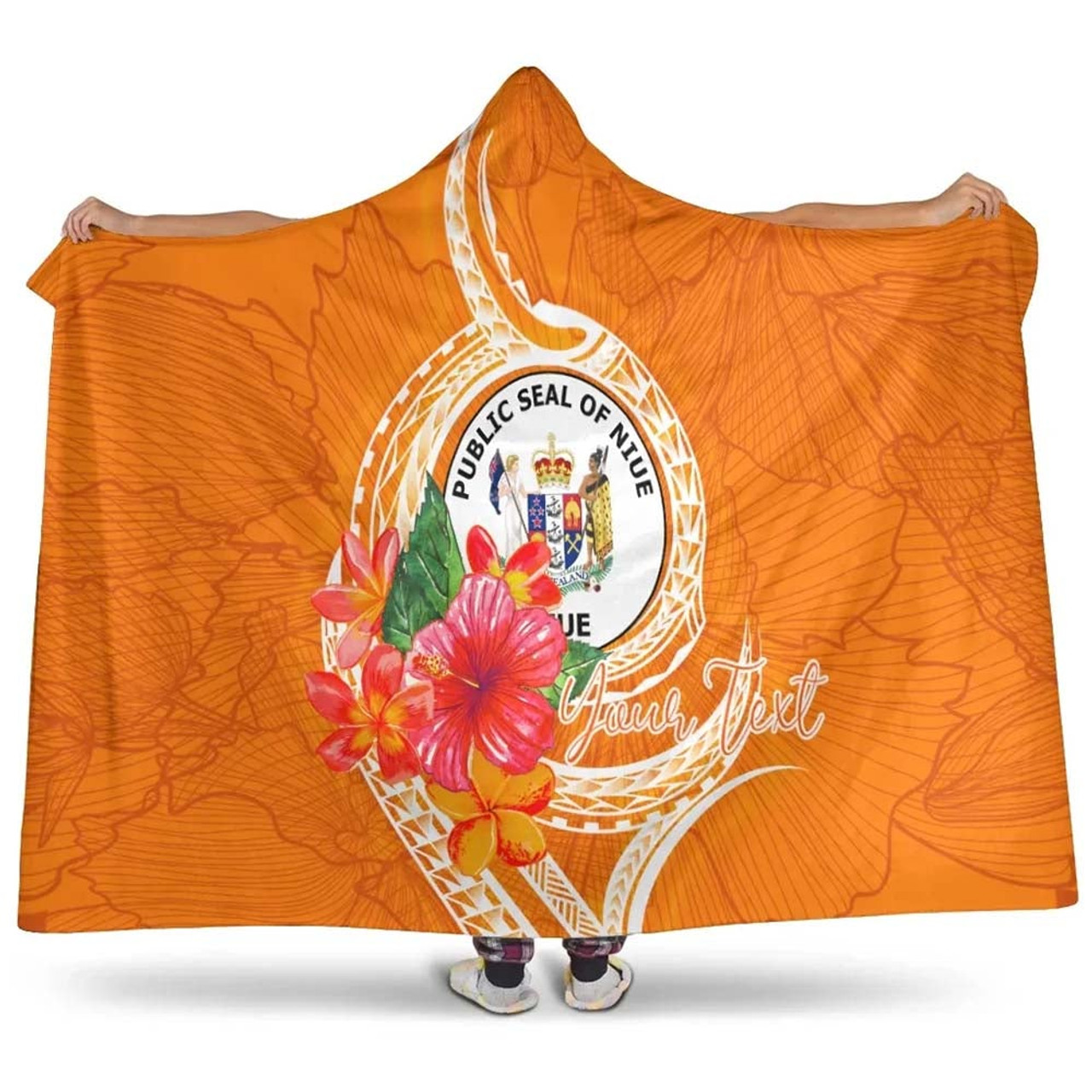 Niue Polynesian Custom Personalised Hooded Blanket - Orange Floral With Seal 1
