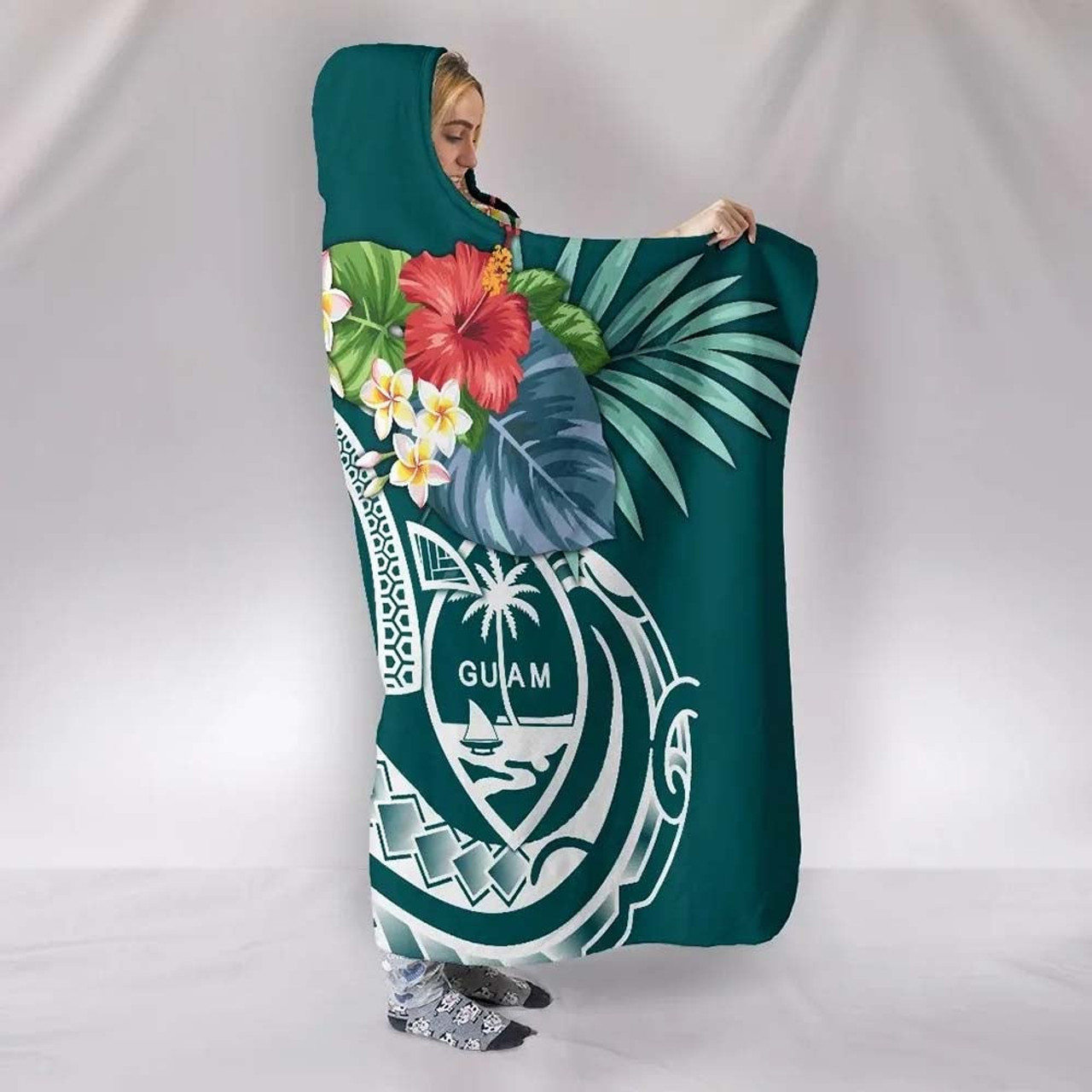 Guam Polynesian Hooded Blanket - Summer Plumeria (Turquoise) 2