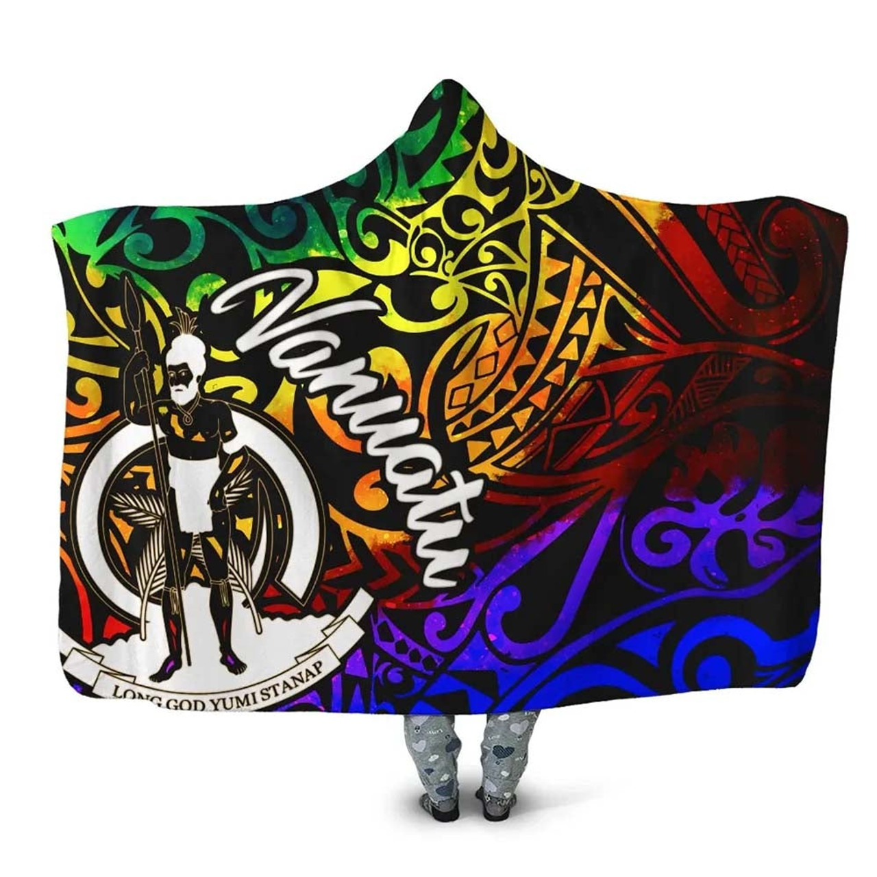 Vanuatu Hooded Blanket - Rainbow Polynesian Pattern 1