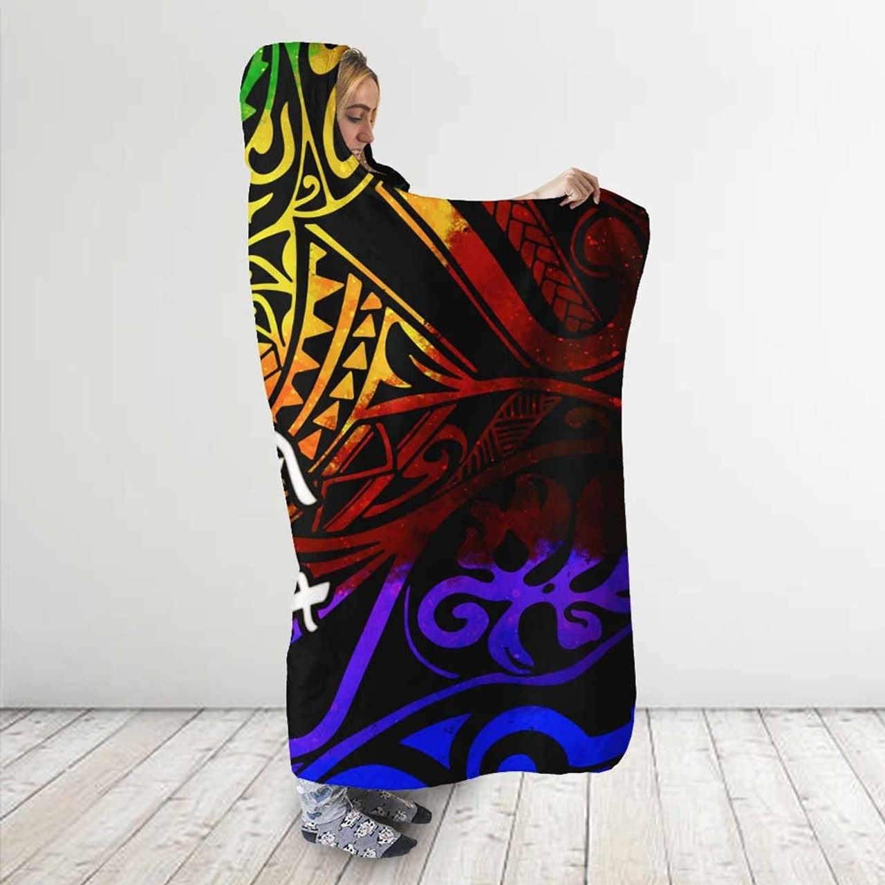 Yap Custom Personalised Hooded Blanket - Rainbow Polynesian Pattern 4