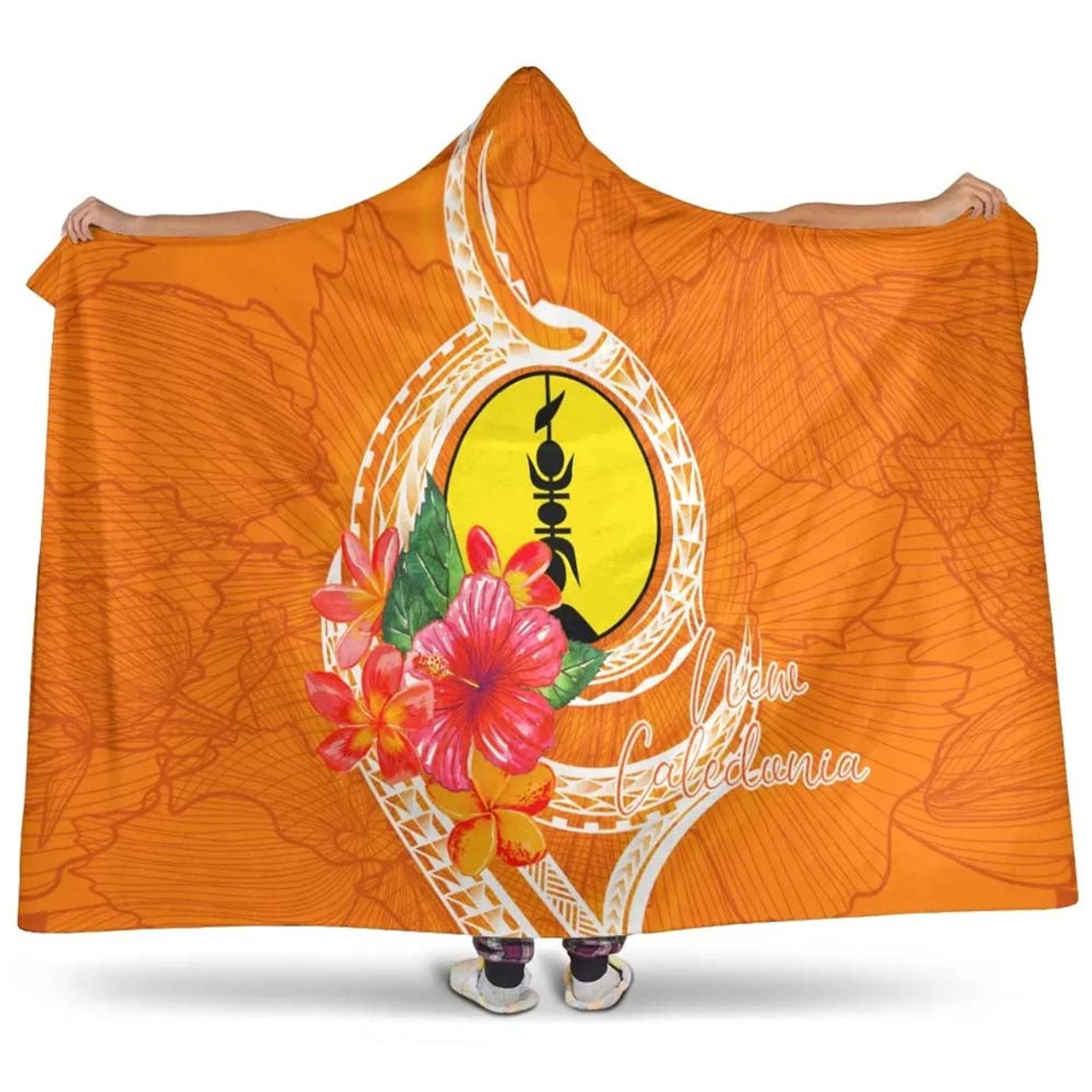New Caledonia Polynesian Hooded Blanket - Orange Floral With Seal 1