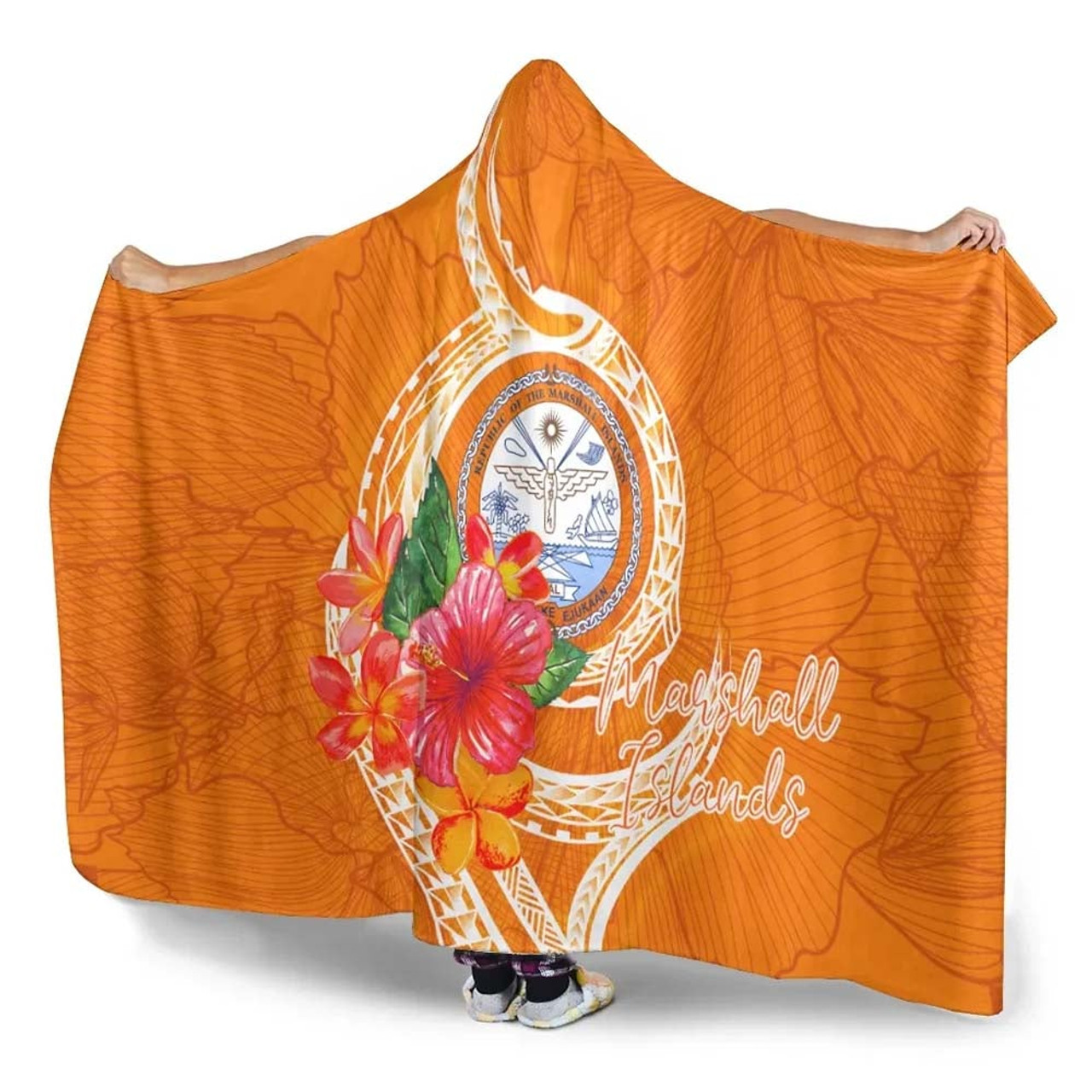 Marshall Islands Polynesian Hooded Blanket - Orange Floral With Seal 4