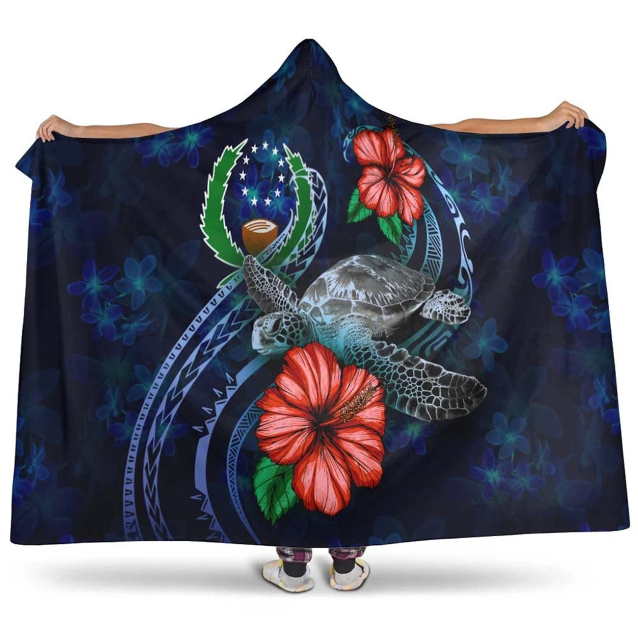 Pohnpei Polynesian Hooded Blanket - Blue Turtle Hibiscus 1