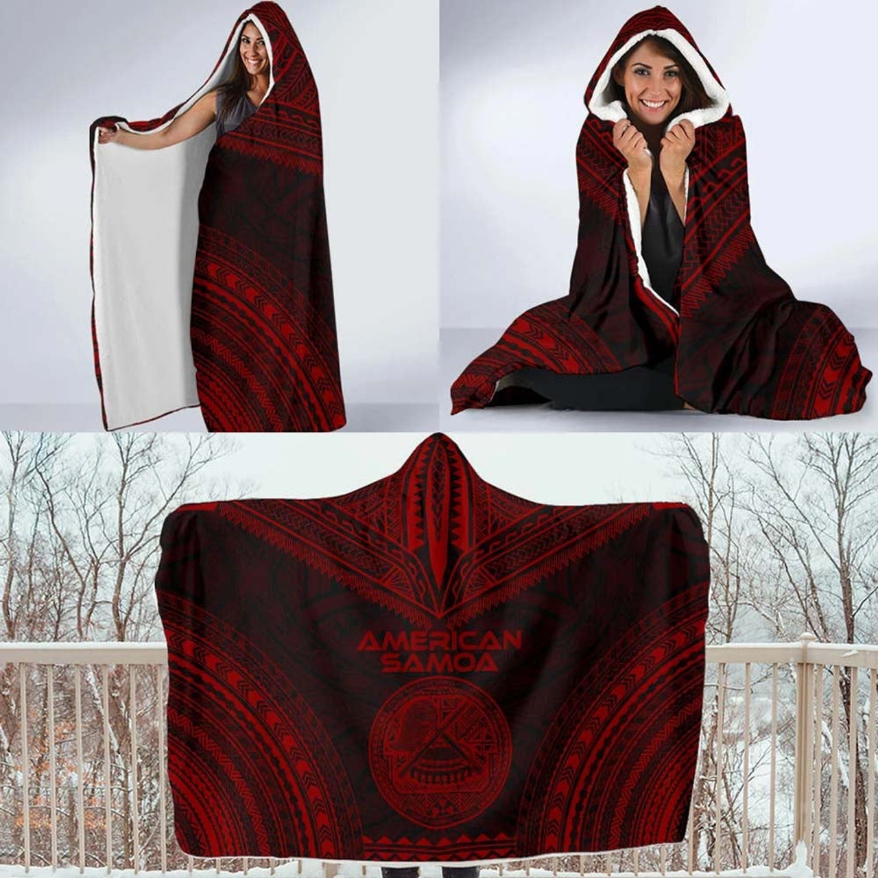 American Samoa Polynesian Chief Hooded Blanket - Red Version 4