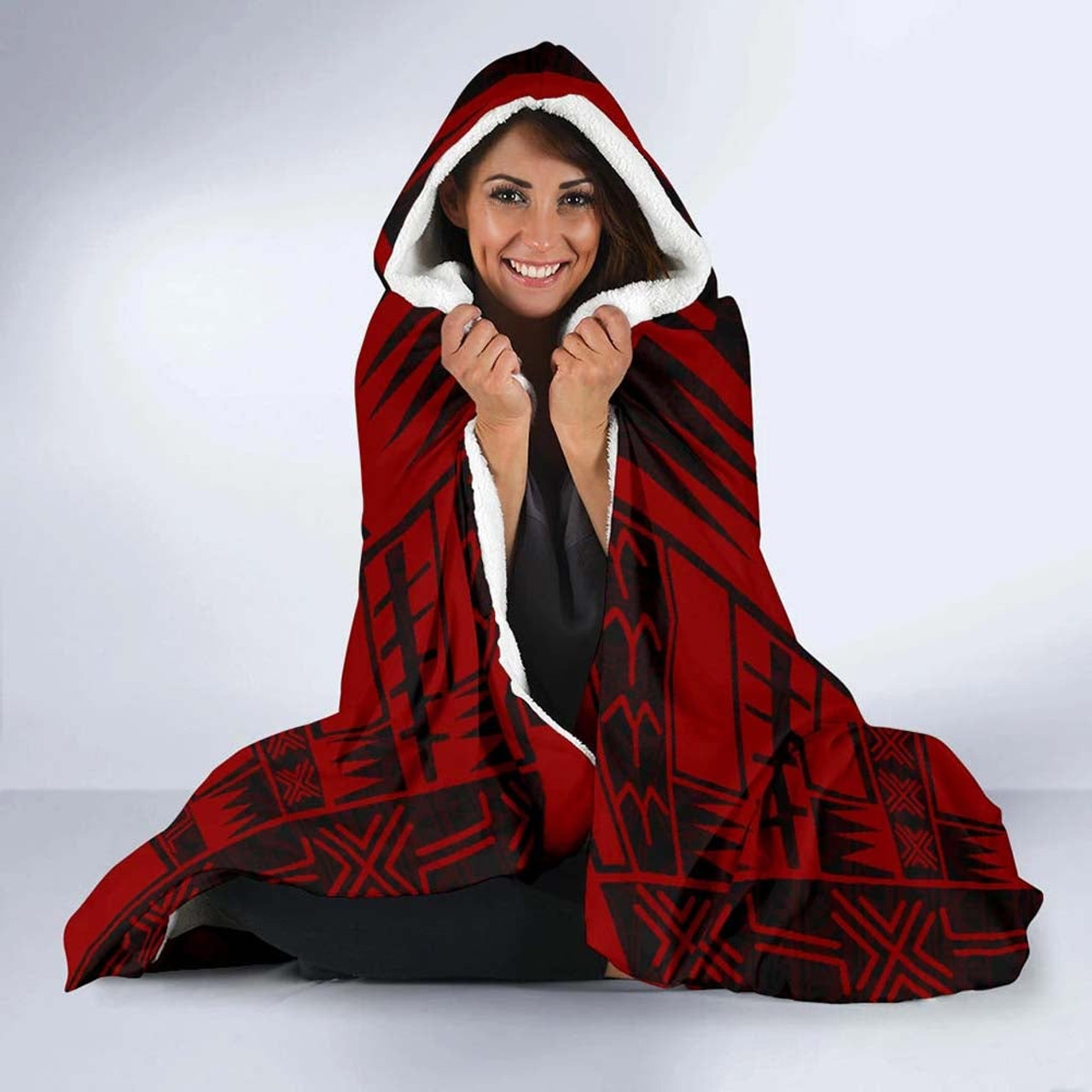Cook Islands Hooded Blanket - Polynesian Tattoo Red 3