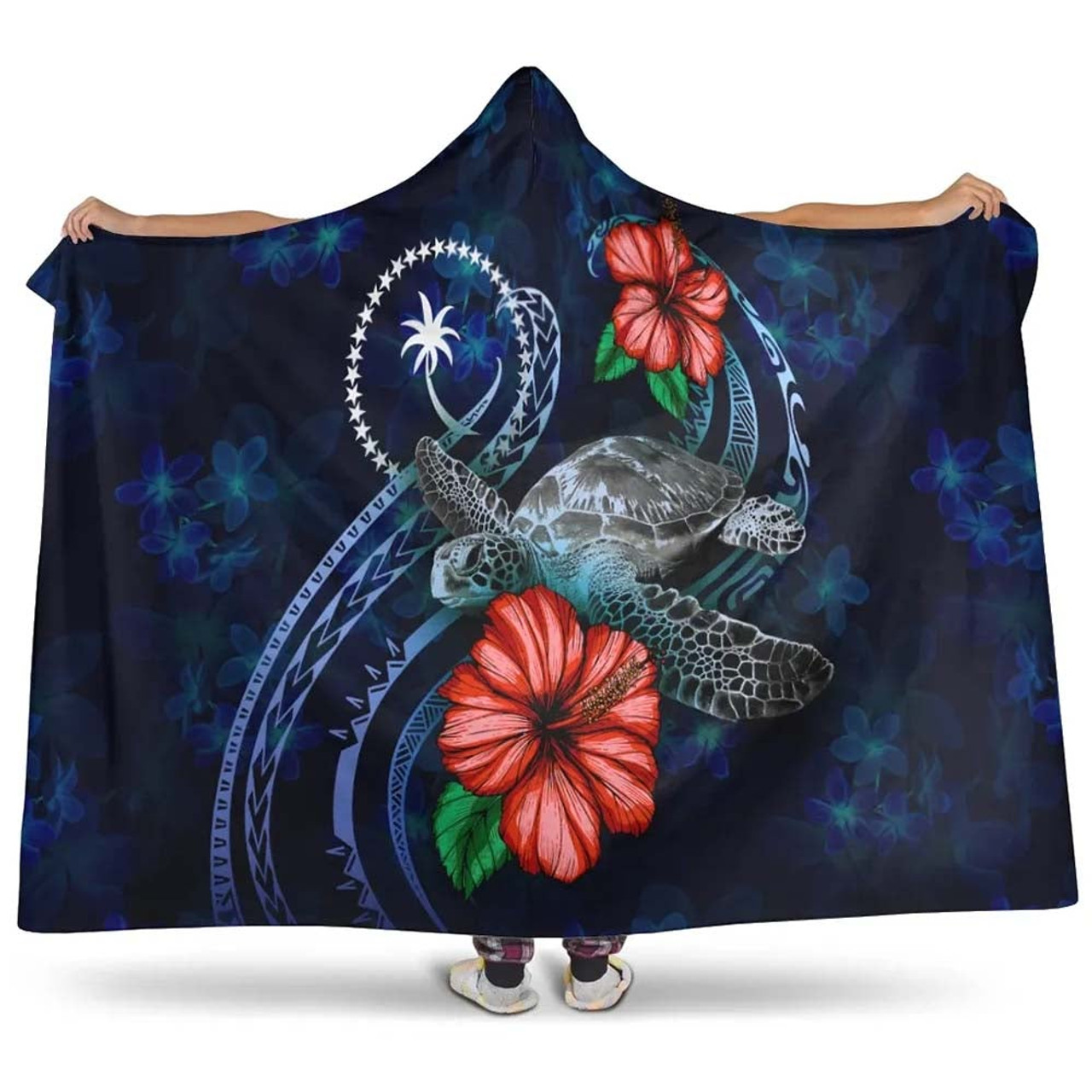 Chuuk Polynesian Hooded Blanket - Blue Turtle Hibiscus 1