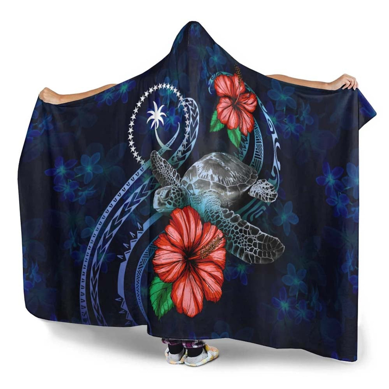 Chuuk Polynesian Hooded Blanket - Blue Turtle Hibiscus 3