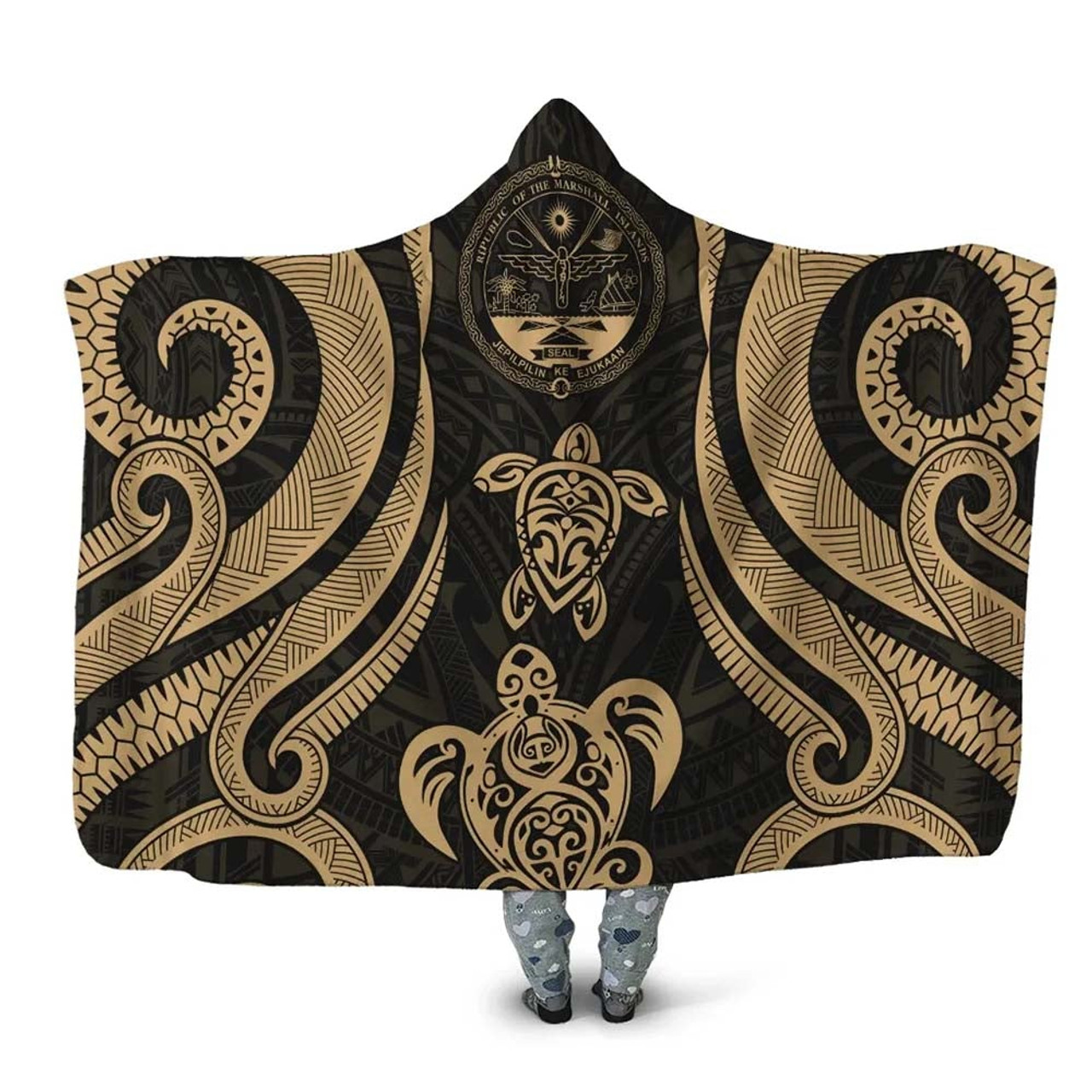 Marshall Islands Hooded Blanket - Gold Tentacle Turtle Crest 1