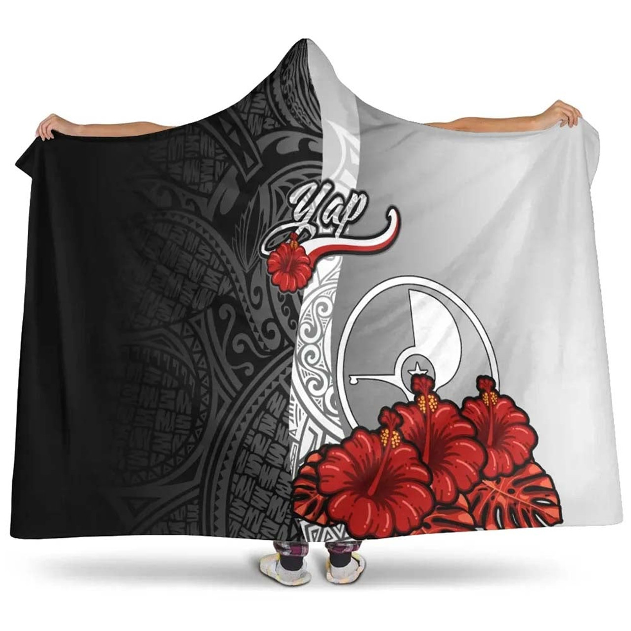 Yap Polynesian Hooded Blanket- Coat Of Arm With Hibiscus White 1