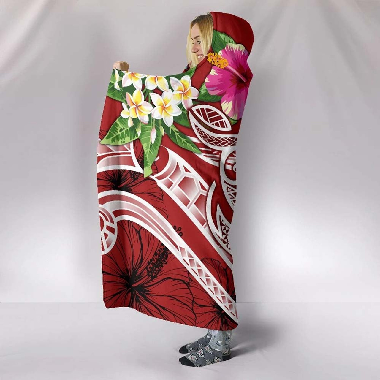 Guam Polynesian Hooded Blanket - Summer Plumeria (Red) 4