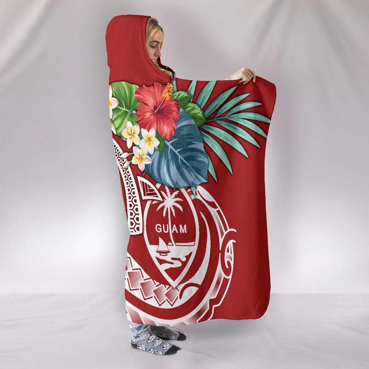 Guam Polynesian Hooded Blanket - Summer Plumeria (Red) 5