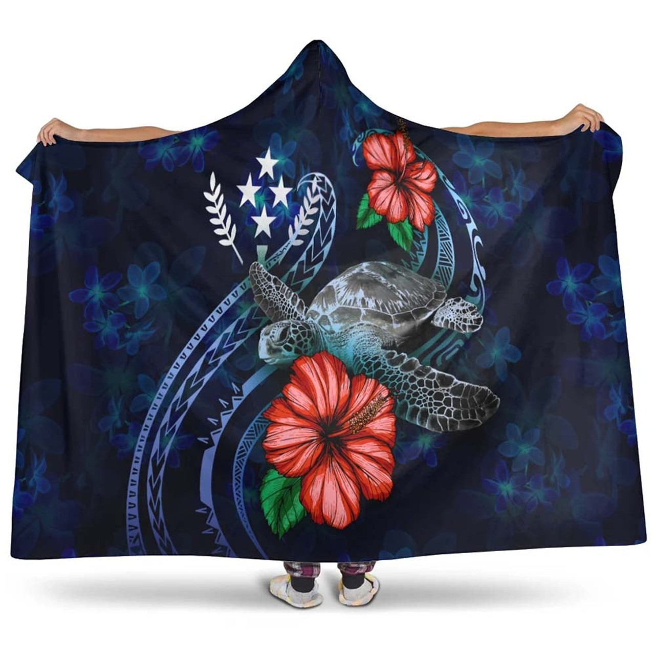 Kosrae Polynesian Hooded Blanket - Blue Turtle Hibiscus 1