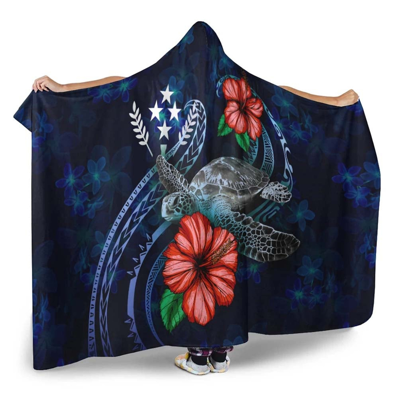 Kosrae Polynesian Hooded Blanket - Blue Turtle Hibiscus 2