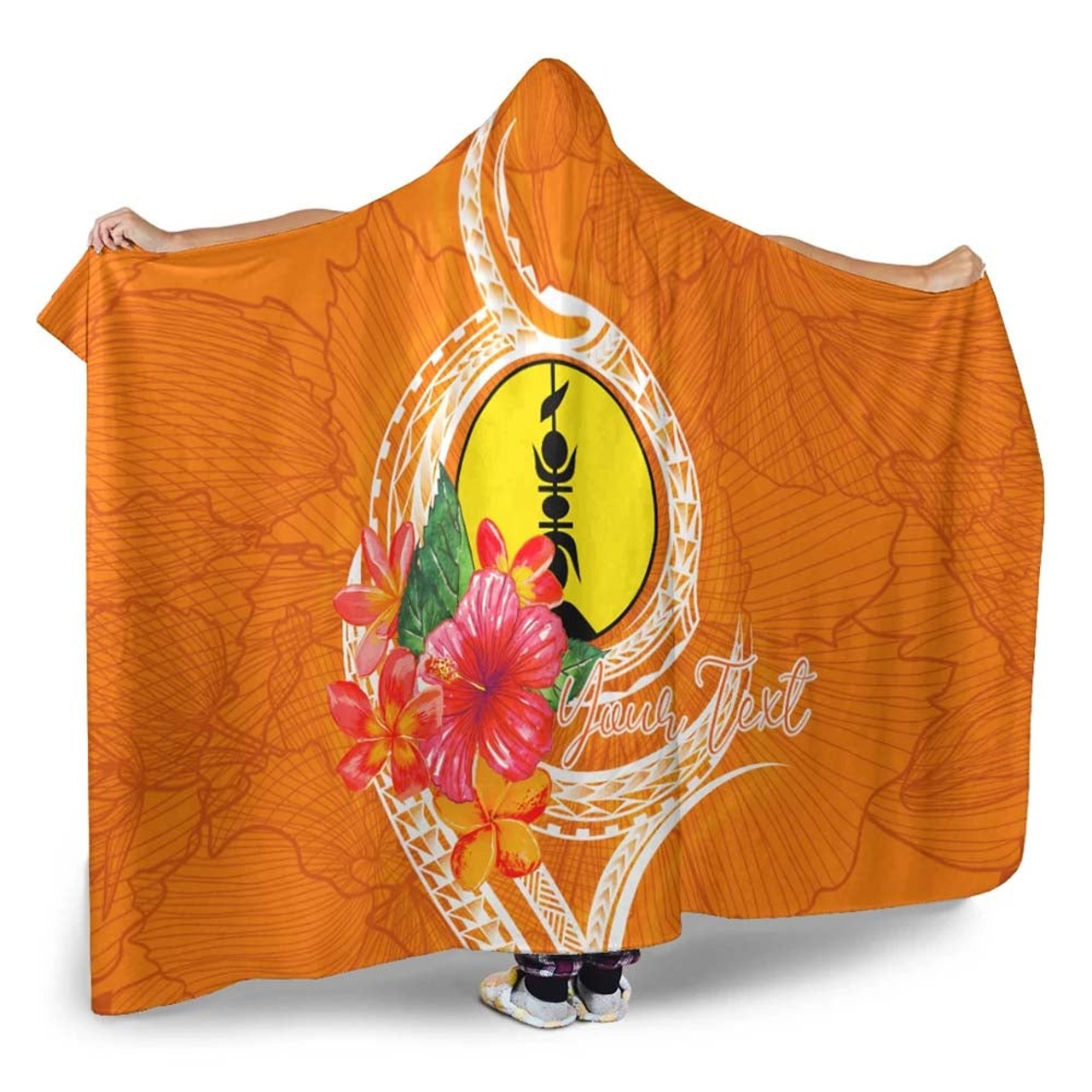 New Caledonia Polynesian Custom Personalised Hooded Blanket - Orange Floral With Seal 3