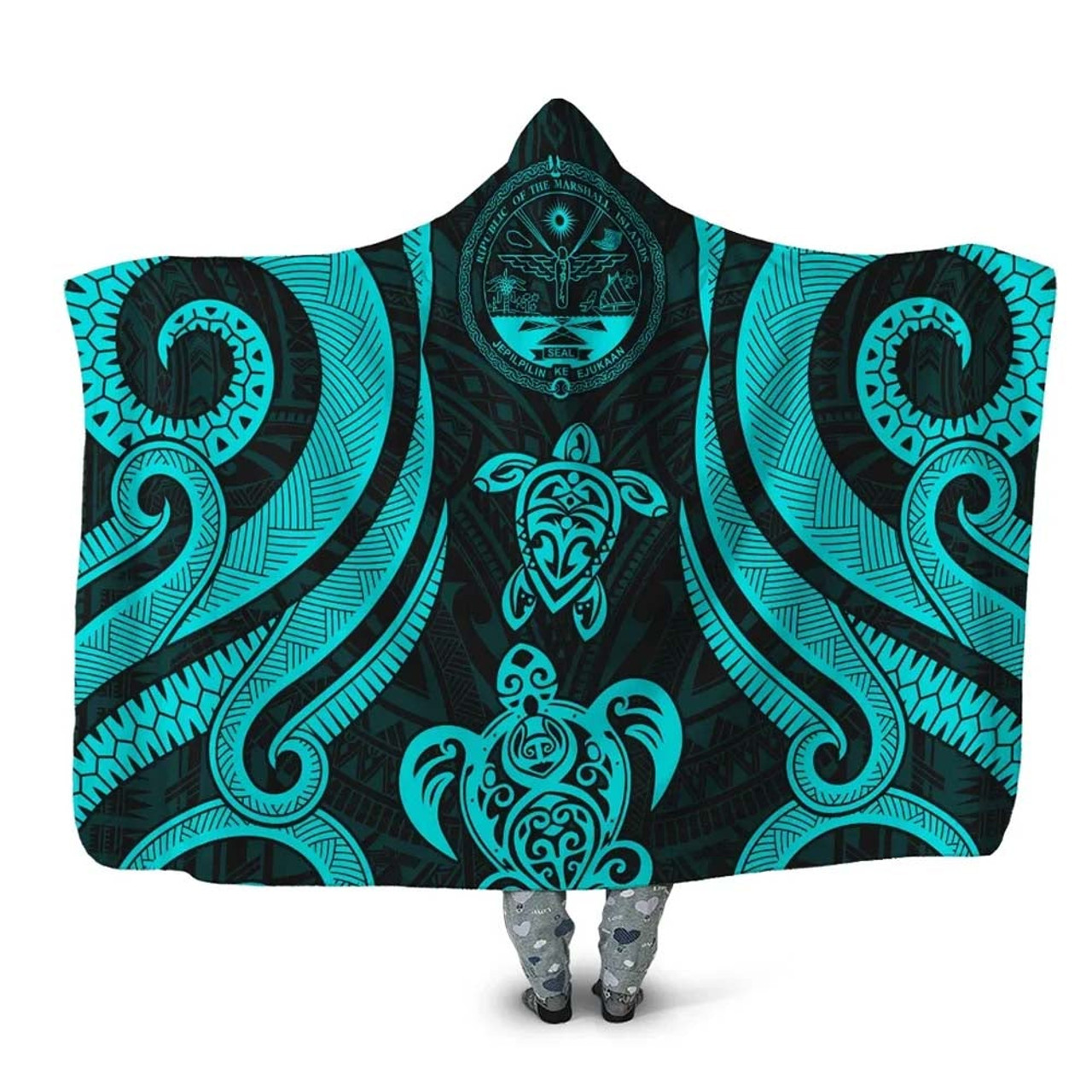 Marshall Islands Hooded Blanket - Turquoise Tentacle Turtle Crest 1