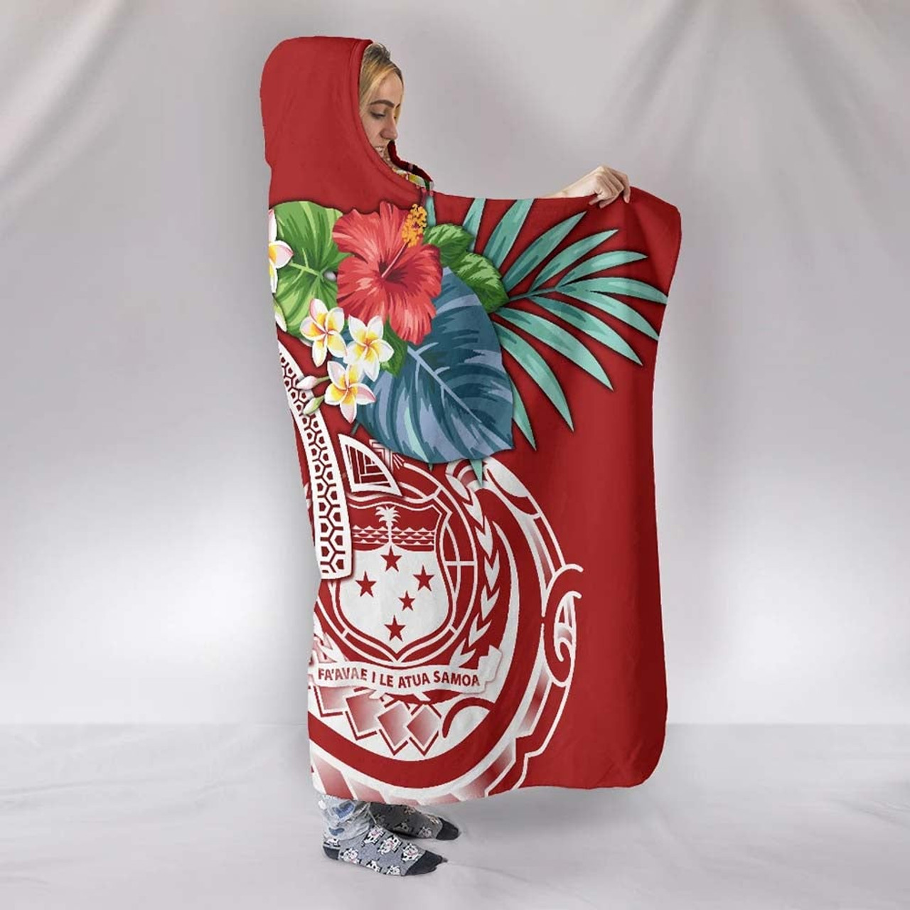 Polynesian Samoa Hooded Blanket - Summer Plumeria (Red) 2