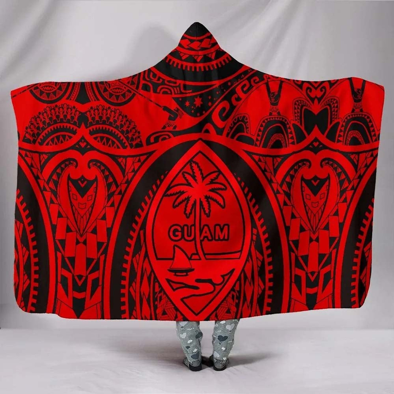 Polynesian Hooded Blankets - Guam Flag Seal with Maui Moana Tattoo Red 1