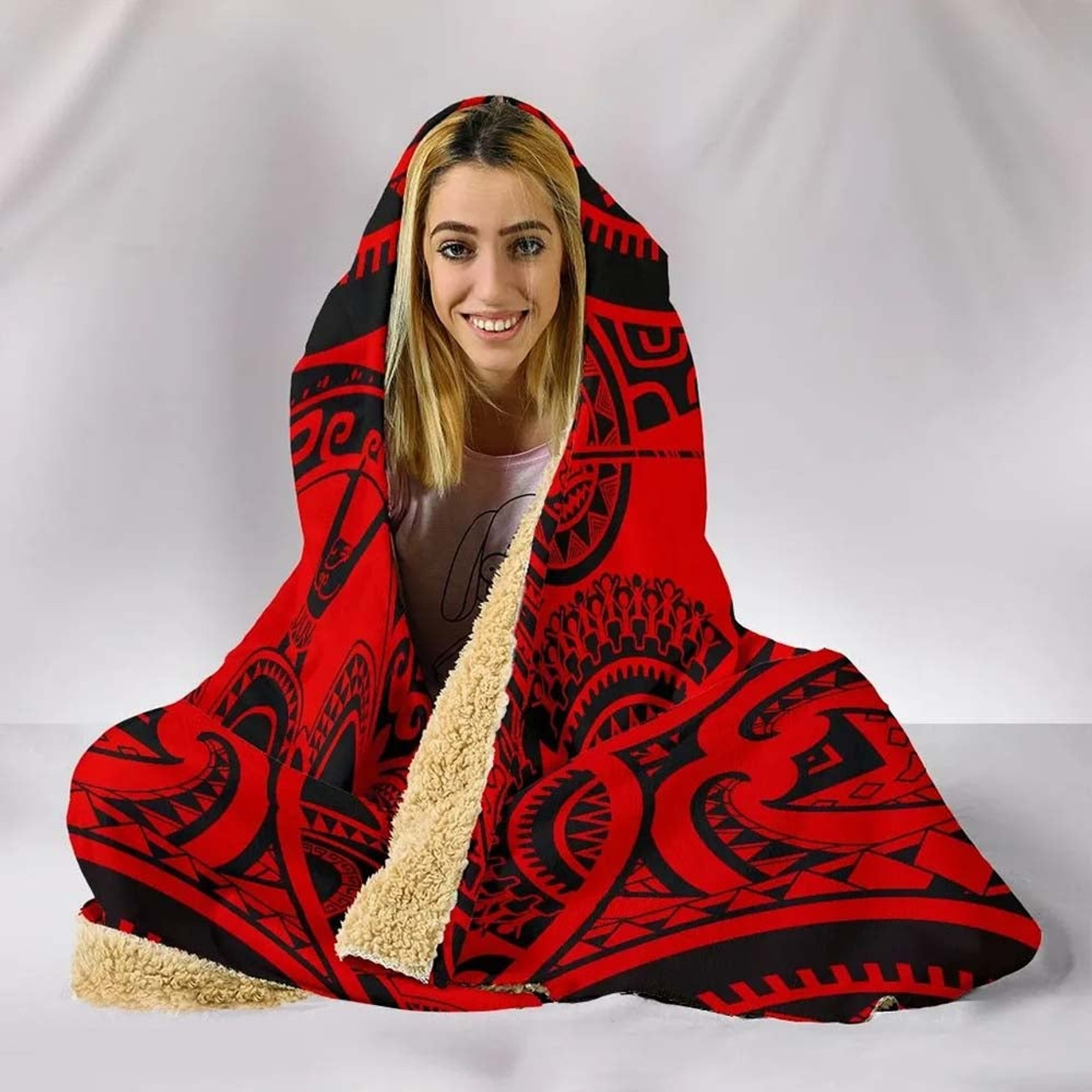 Polynesian Hooded Blankets - Guam Flag Seal with Maui Moana Tattoo Red 4