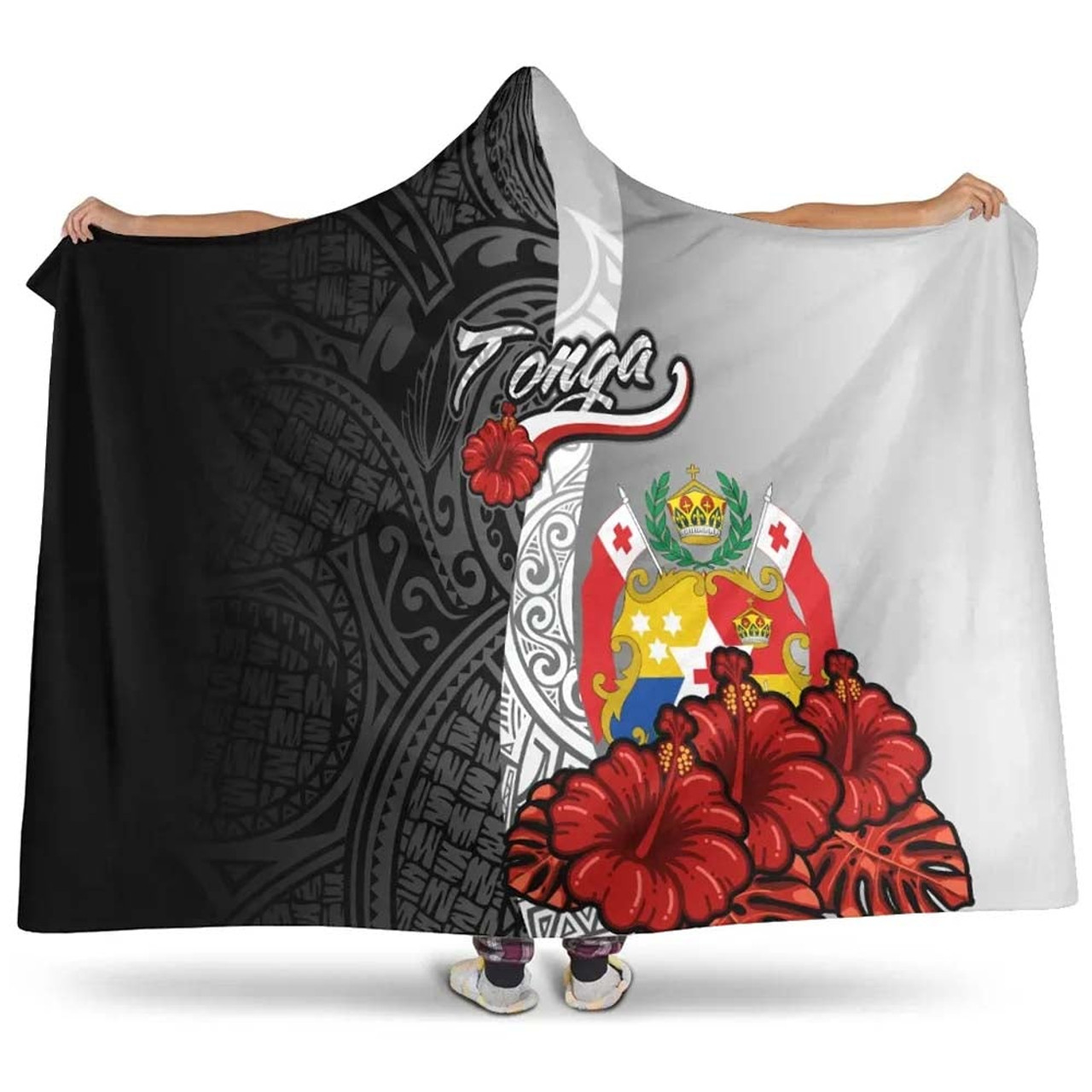 Tonga Polynesian Hooded Blanket- Coat Of Arm With Hibiscus White 1