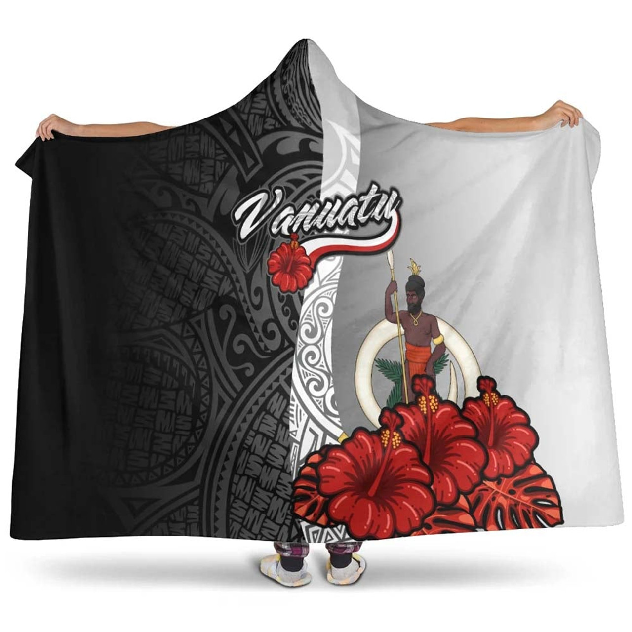 Vanuatu Polynesian Hooded Blanket- Coat Of Arm With Hibiscus White 1