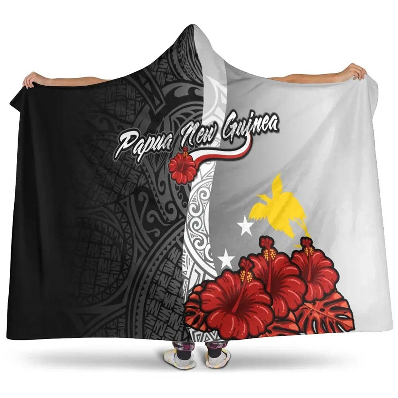 Papua New Guinea Polynesian Hooded Blanket- Coat Of Arm With Hibiscus White 1