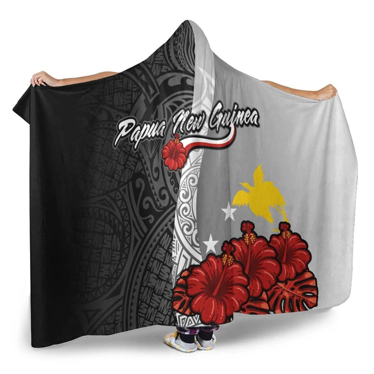 Papua New Guinea Polynesian Hooded Blanket- Coat Of Arm With Hibiscus White 2