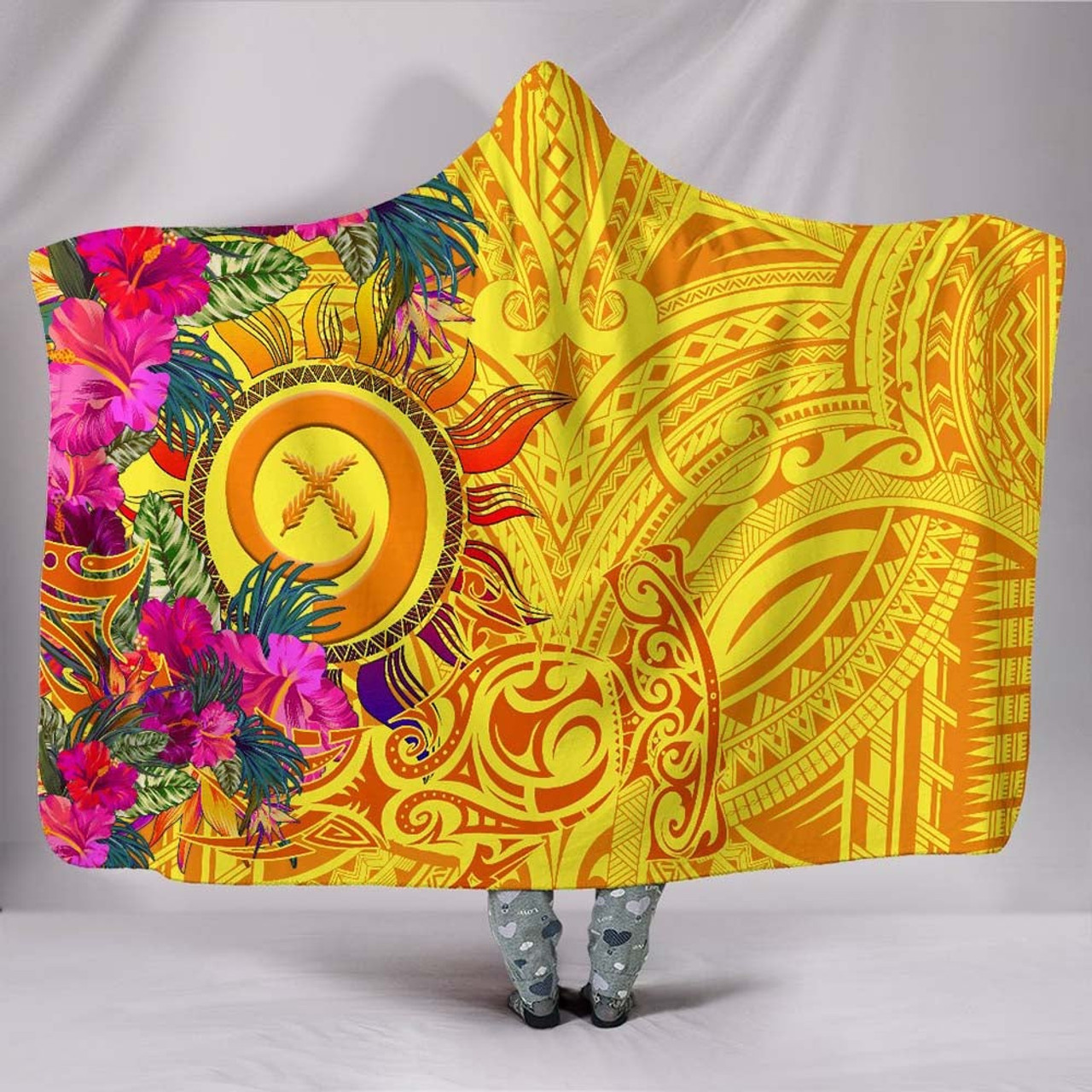 Polynesian Hooded Blankets - Vanuatu Symbols With Hibiscus 1